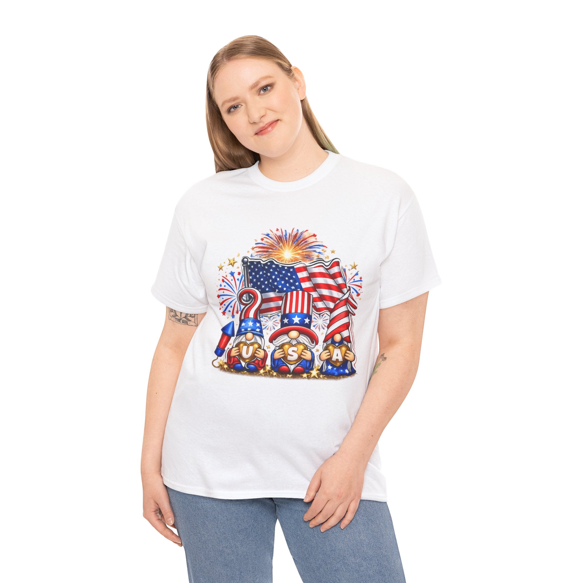 Patriotic USA Gnome Shirt PNG | Fourth of July Gnome Design | Red White Blue American Flag Fireworks Graphic | Independence Day Sublimation PNG | USA Heart Gnome POD Design