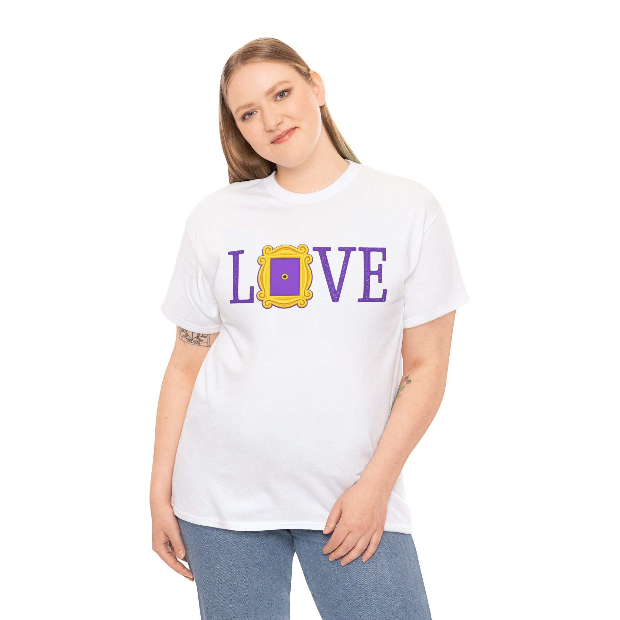 “Friends-Inspired ‘LOVE’ Frame Design Shirt – Purple & Yellow Nostalgic TV Aesthetic Tee, Cozy Pop Culture Graphic”