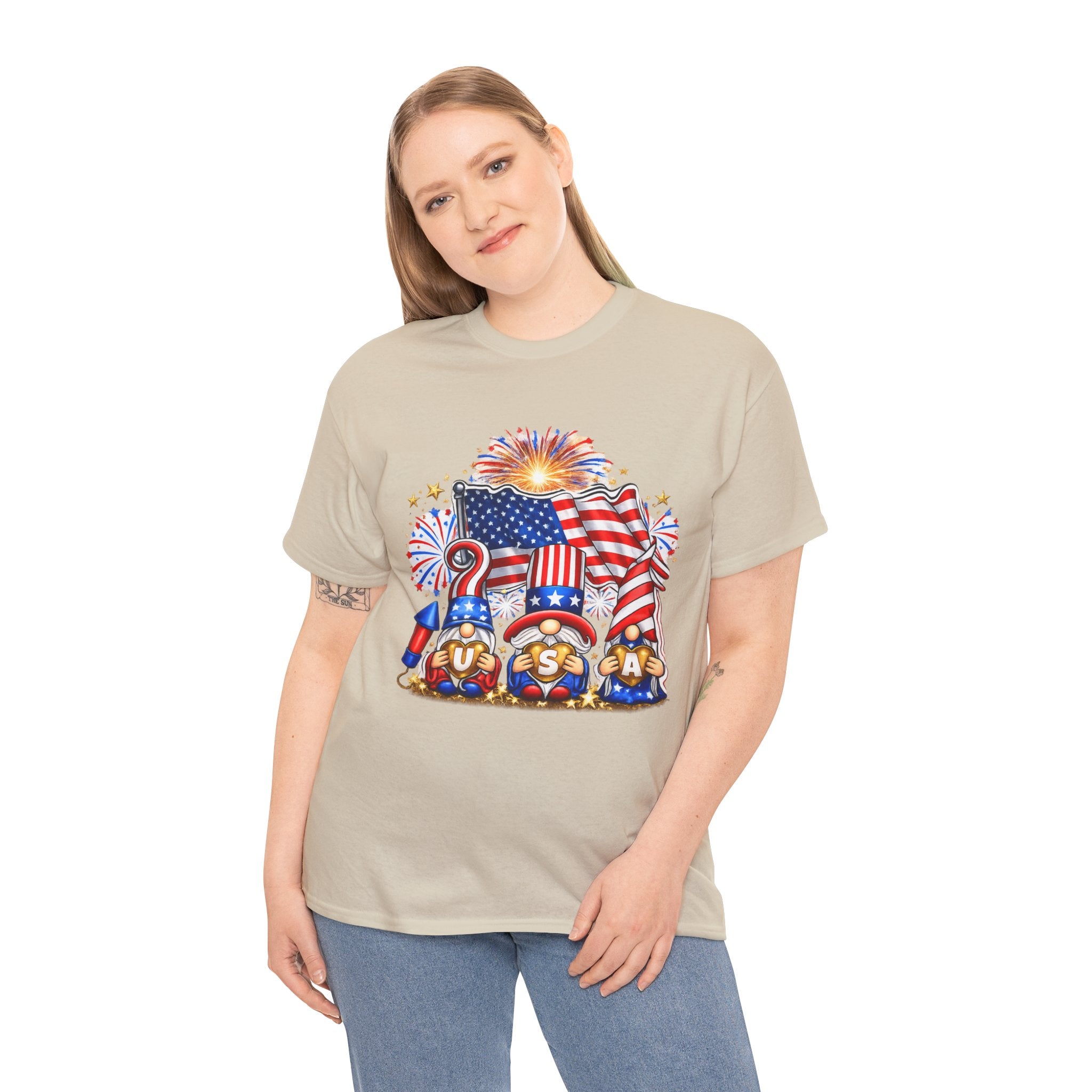 Patriotic USA Gnome Shirt PNG | Fourth of July Gnome Design | Red White Blue American Flag Fireworks Graphic | Independence Day Sublimation PNG | USA Heart Gnome POD Design