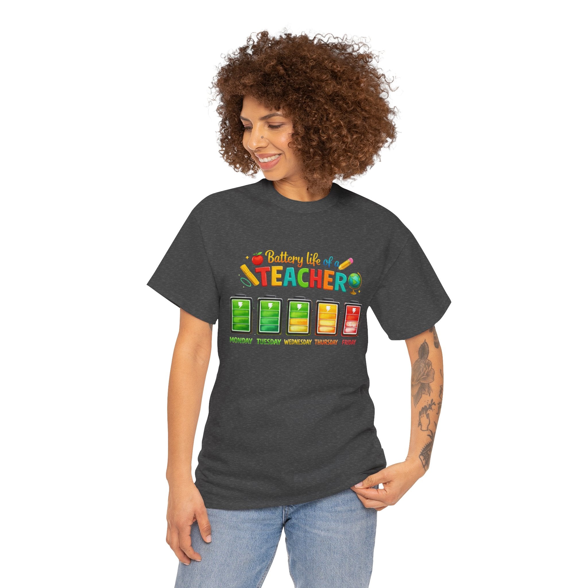 Teacher Battery Life T-Shirt – Funny Weekday Energy Levels Tee (Monday–Friday) Teacher appreciation gift - Unisex shirt