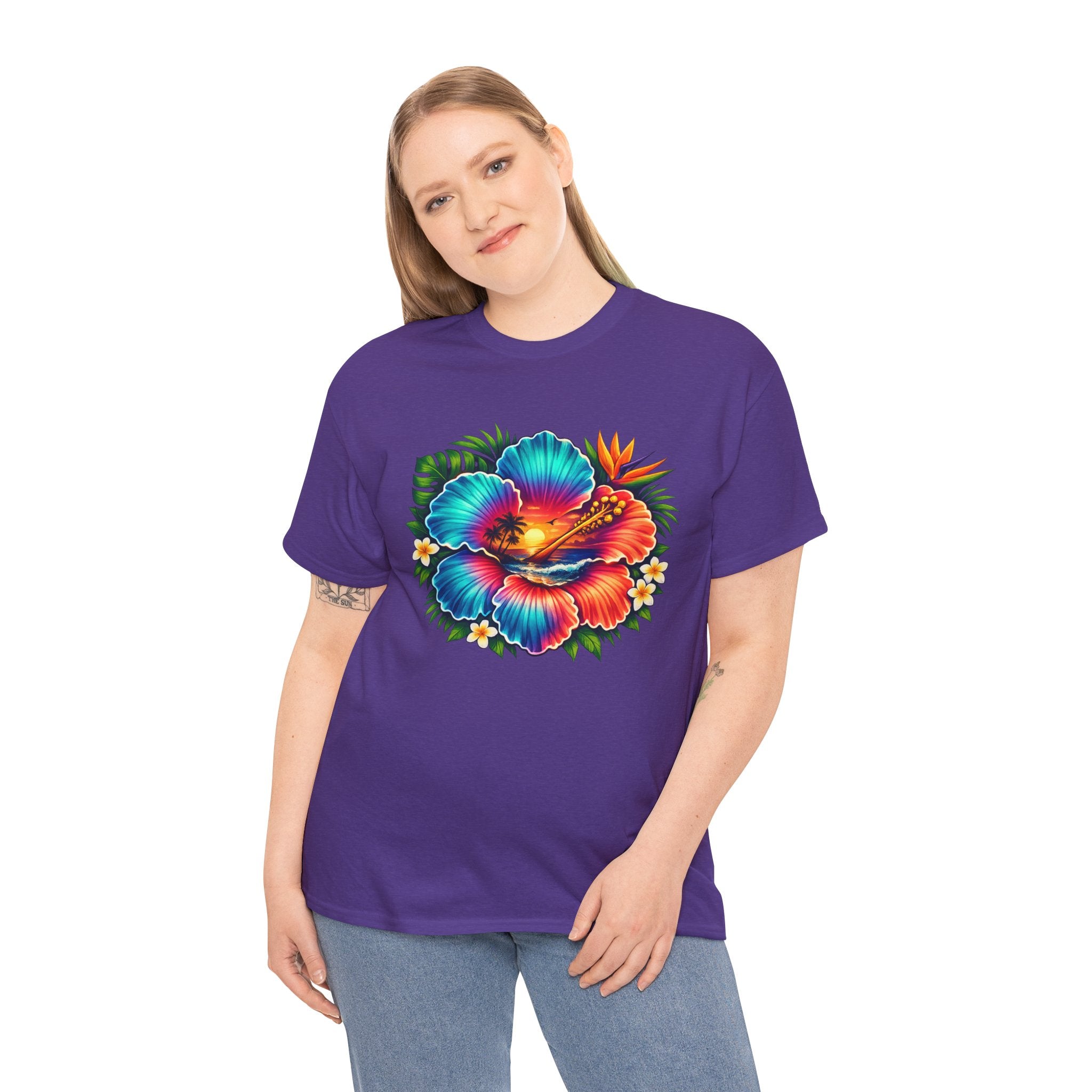 Neon Tropical Hibiscus Sunset T-Shirt – Vibrant Beach Flower Graphic Tee for Summer Vacation Lovers