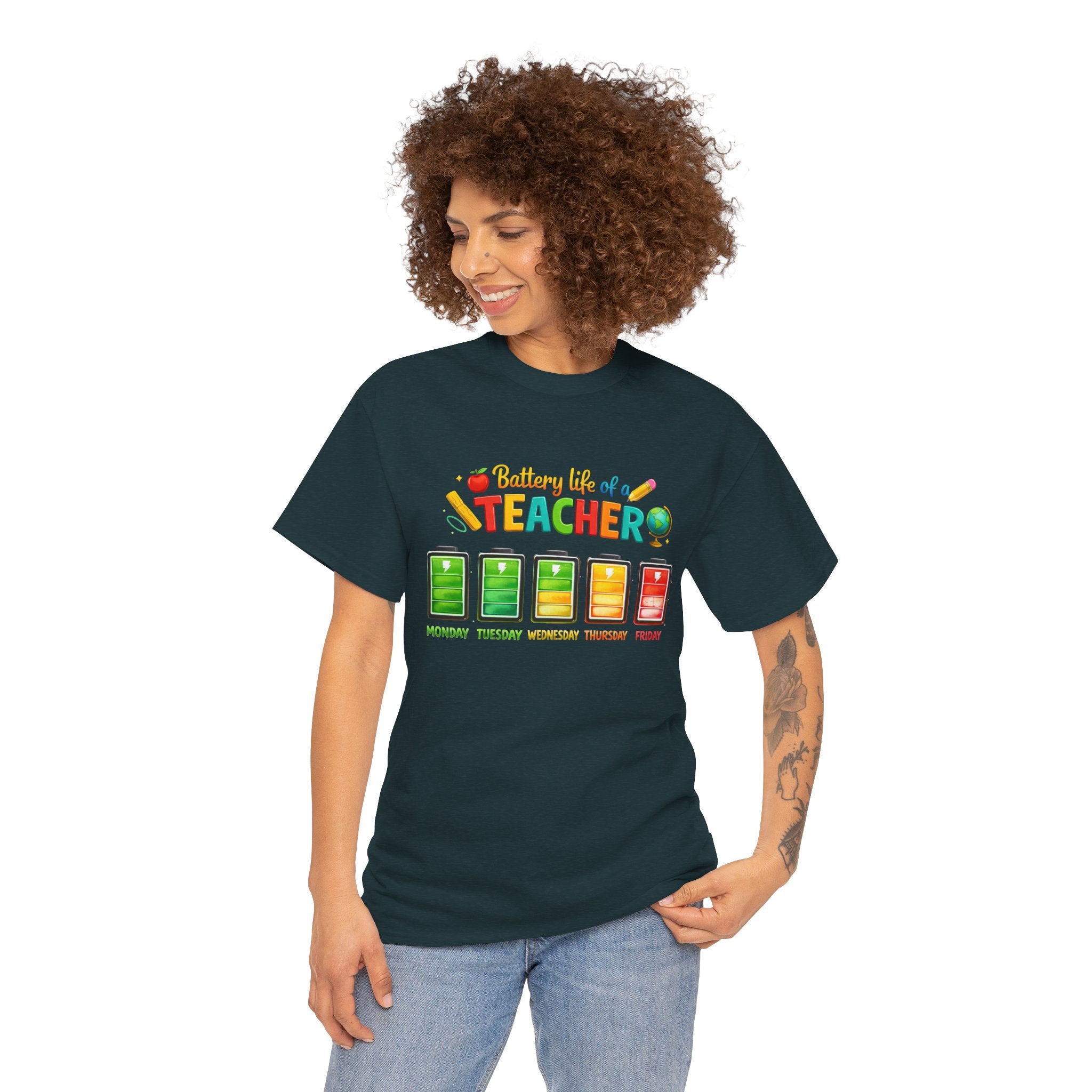Teacher Battery Life T-Shirt – Funny Weekday Energy Levels Tee (Monday–Friday) Teacher appreciation gift - Unisex shirt