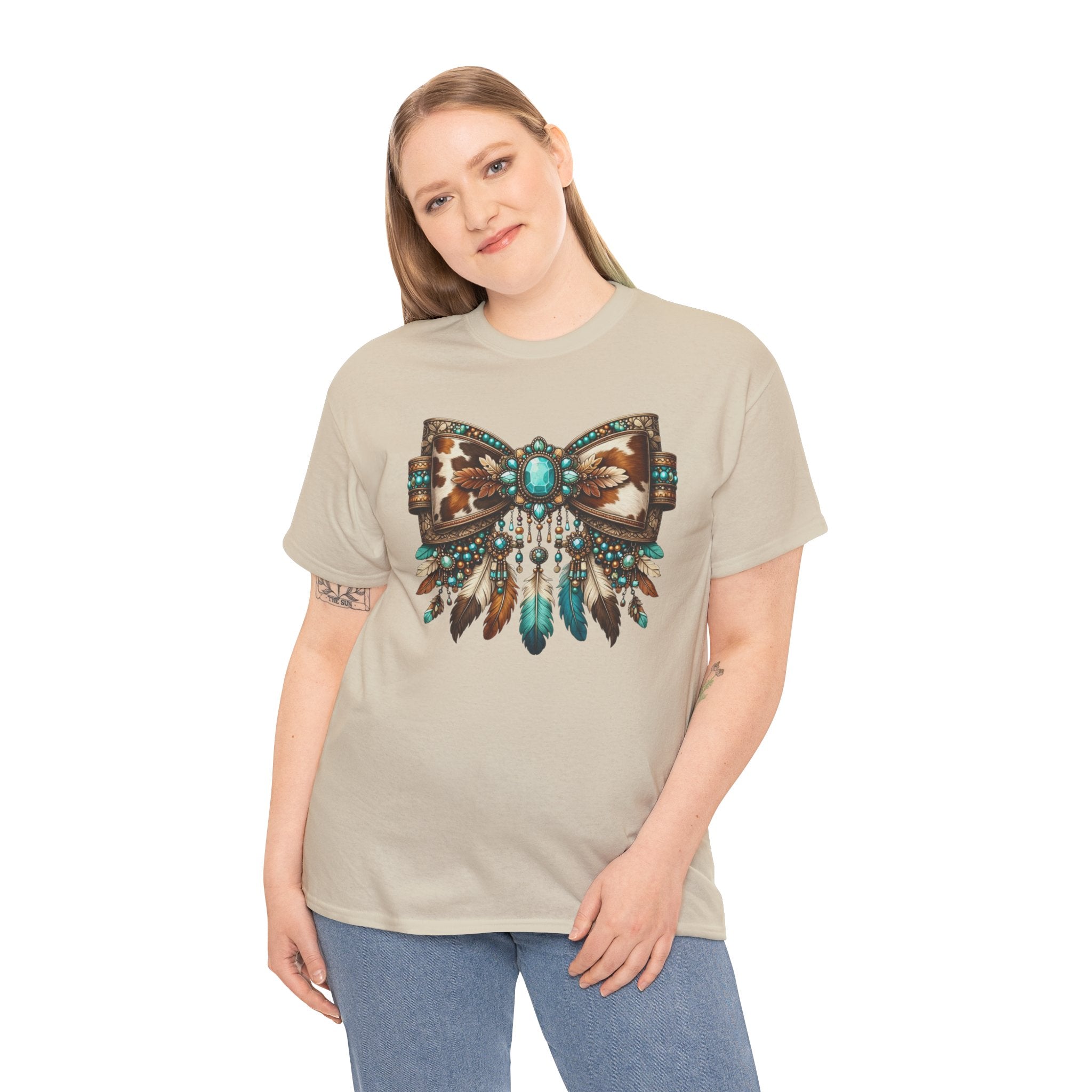 Western Cowhide Bow Shirt – Turquoise Feather Boho Western Graphic Tee – Boutique Western Style T-Shirt – Unisex Fit