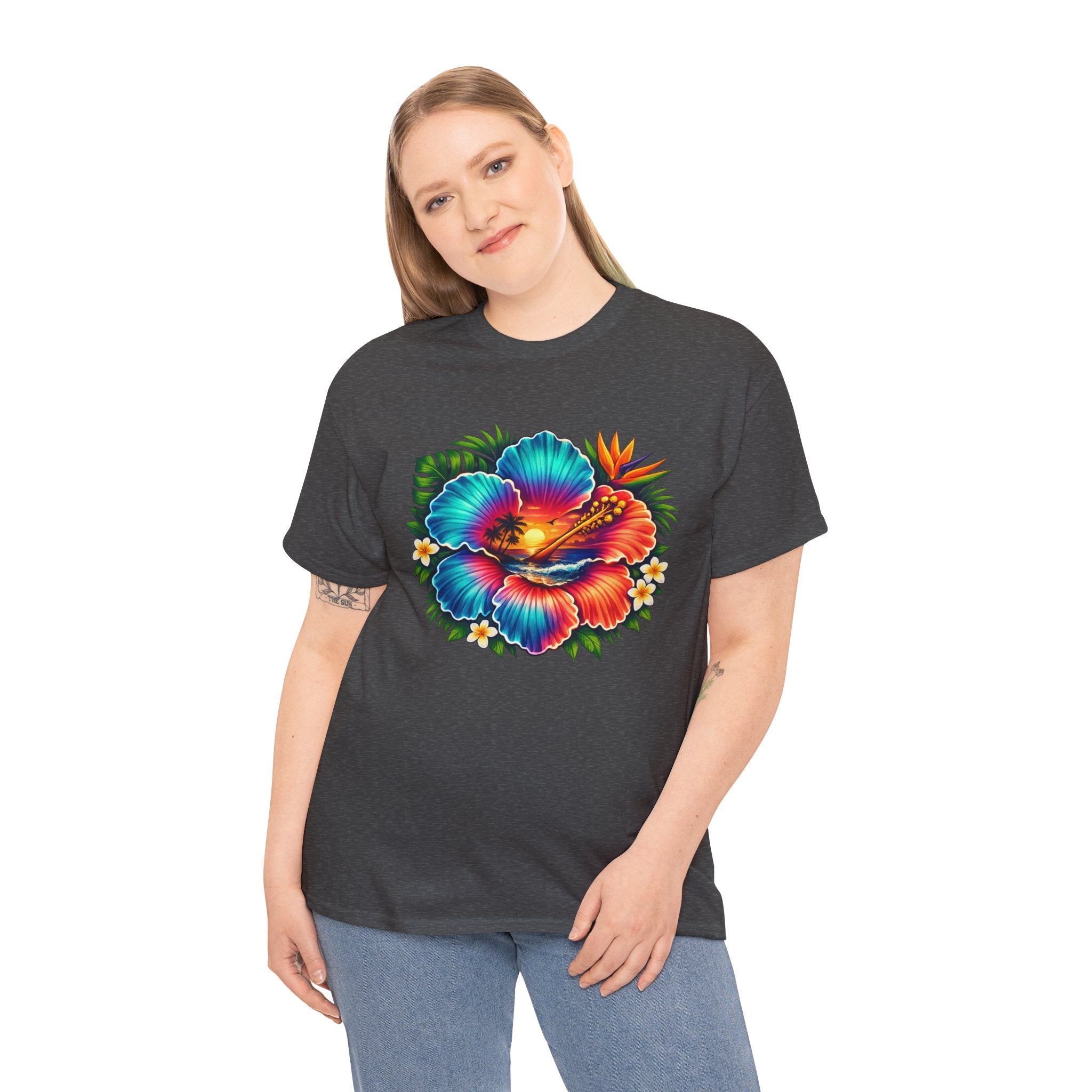 Neon Tropical Hibiscus Sunset T-Shirt – Vibrant Beach Flower Graphic Tee for Summer Vacation Lovers