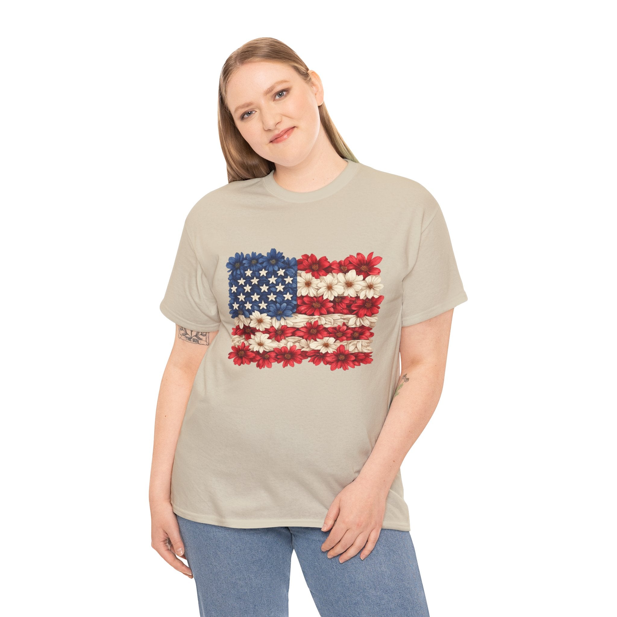 Floral American Flag Shirt PNG | Patriotic Flower Flag Design | 4th of July Sublimation PNG | USA Independence Day Graphic | Red White Blue Floral POD Design