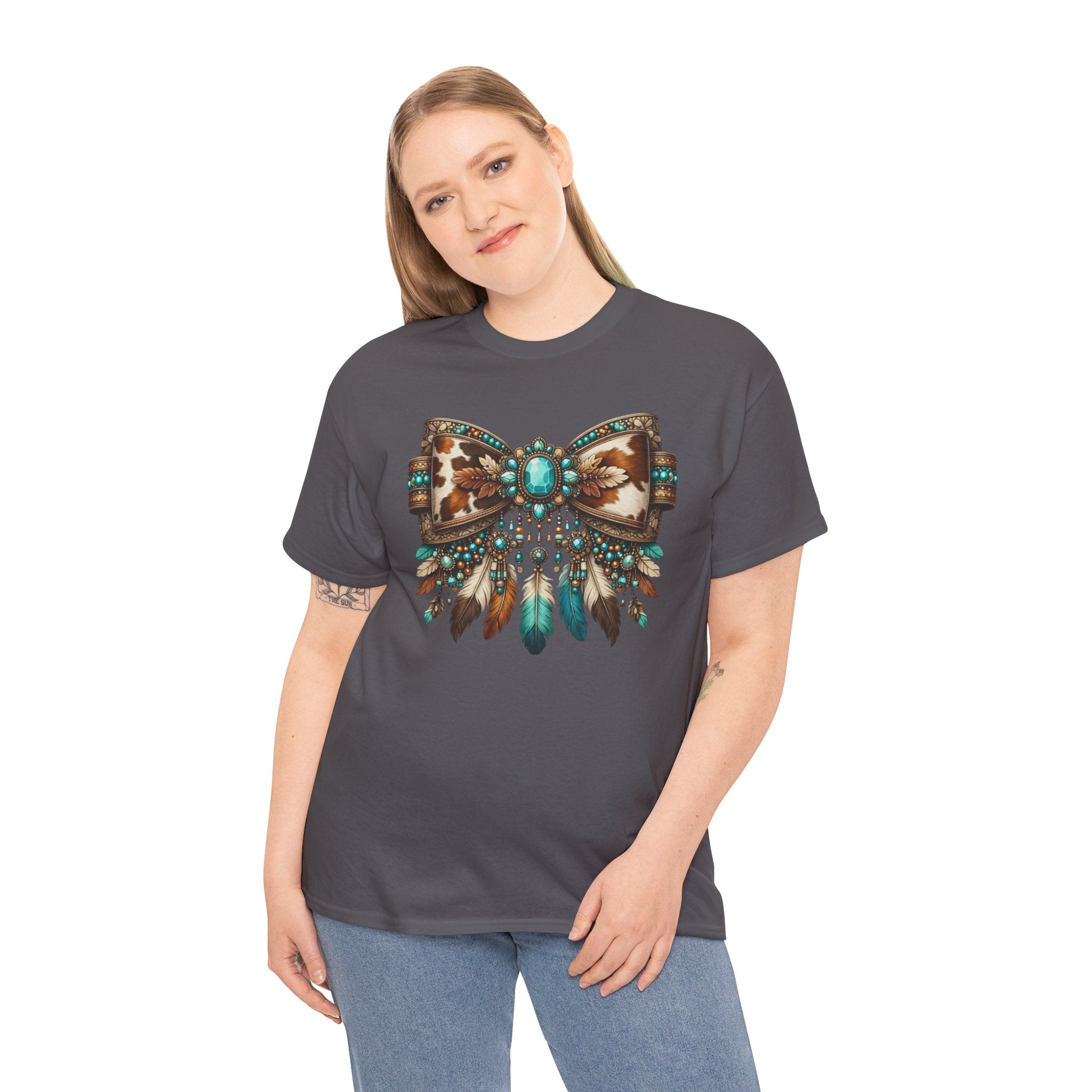 Western Cowhide Bow Shirt – Turquoise Feather Boho Western Graphic Tee – Boutique Western Style T-Shirt – Unisex Fit