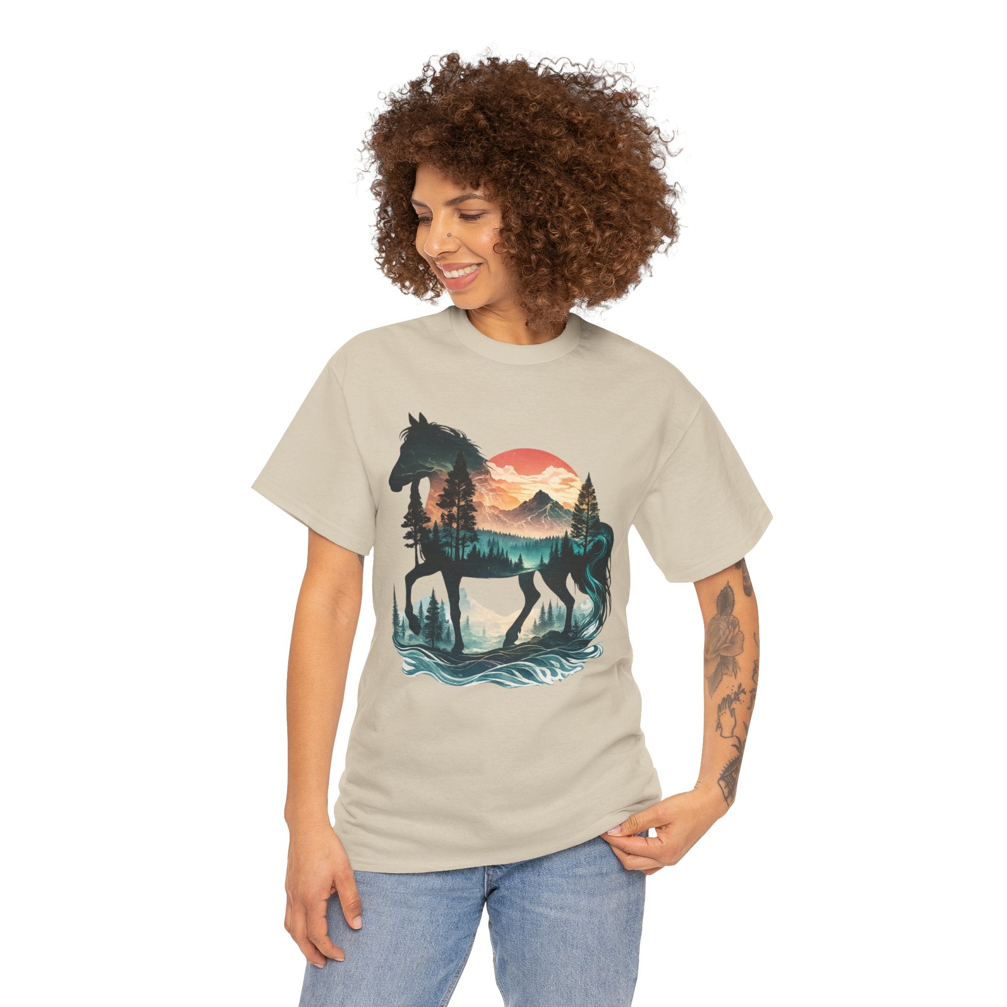 Western Horse Silhouette T-Shirt – Nature Landscape Double Exposure Cowgirl & Cowboy Graphic Tee