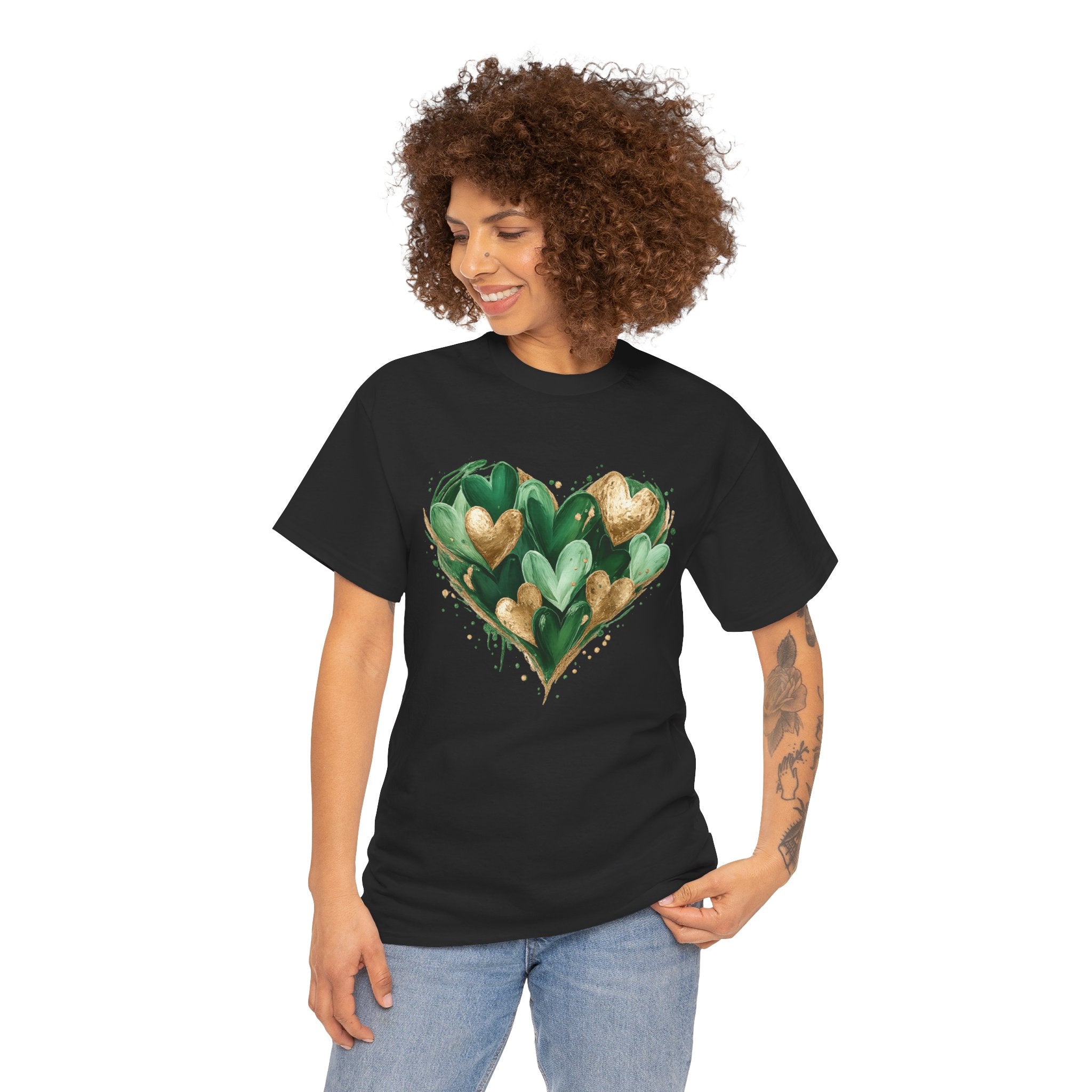 Green & Gold Lucky Heart Graphic Tee – St. Patrick’s Day Aesthetic Shirt, Shamrock-Inspired Irish Love Design