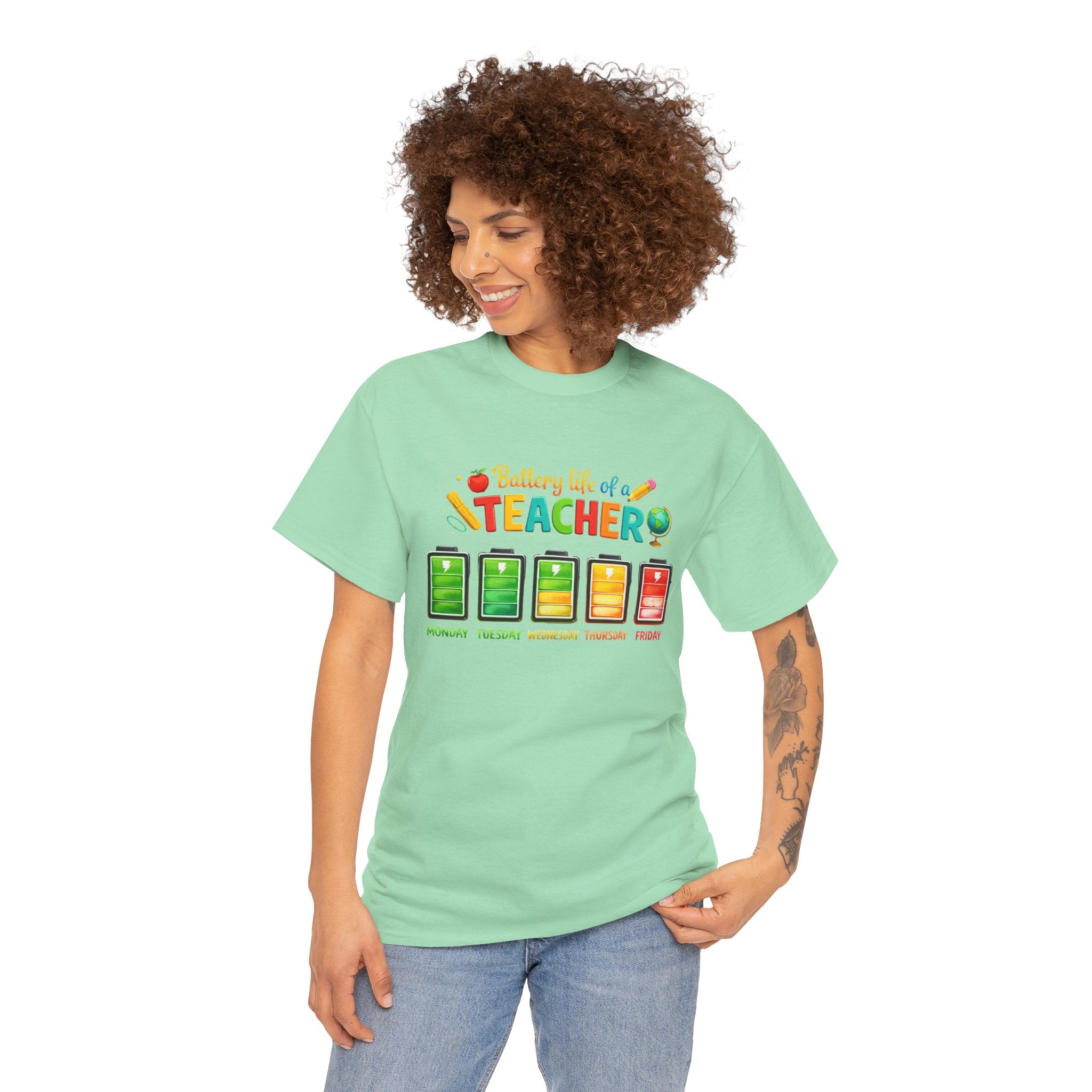 Teacher Battery Life T-Shirt – Funny Weekday Energy Levels Tee (Monday–Friday) Teacher appreciation gift - Unisex shirt
