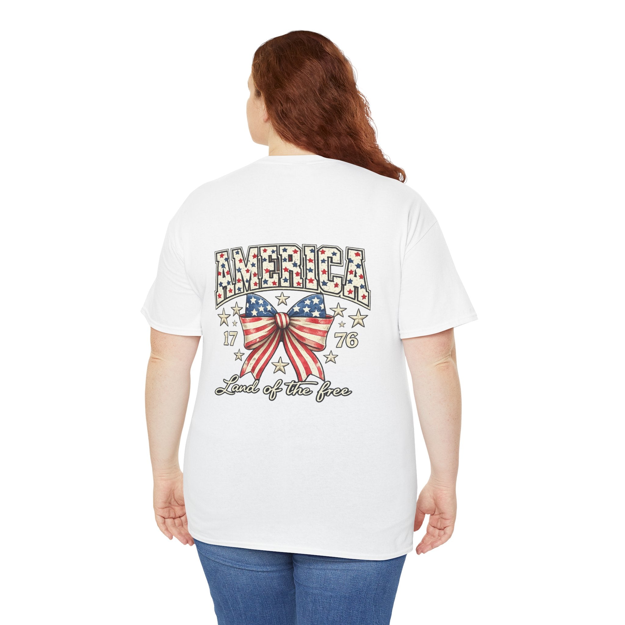 Patriotic America Bow Shirt | Land of the Free 1776 Front & Back Graphic Tee | Vintage USA Independence Day Shirt | Fourth of July Shirt