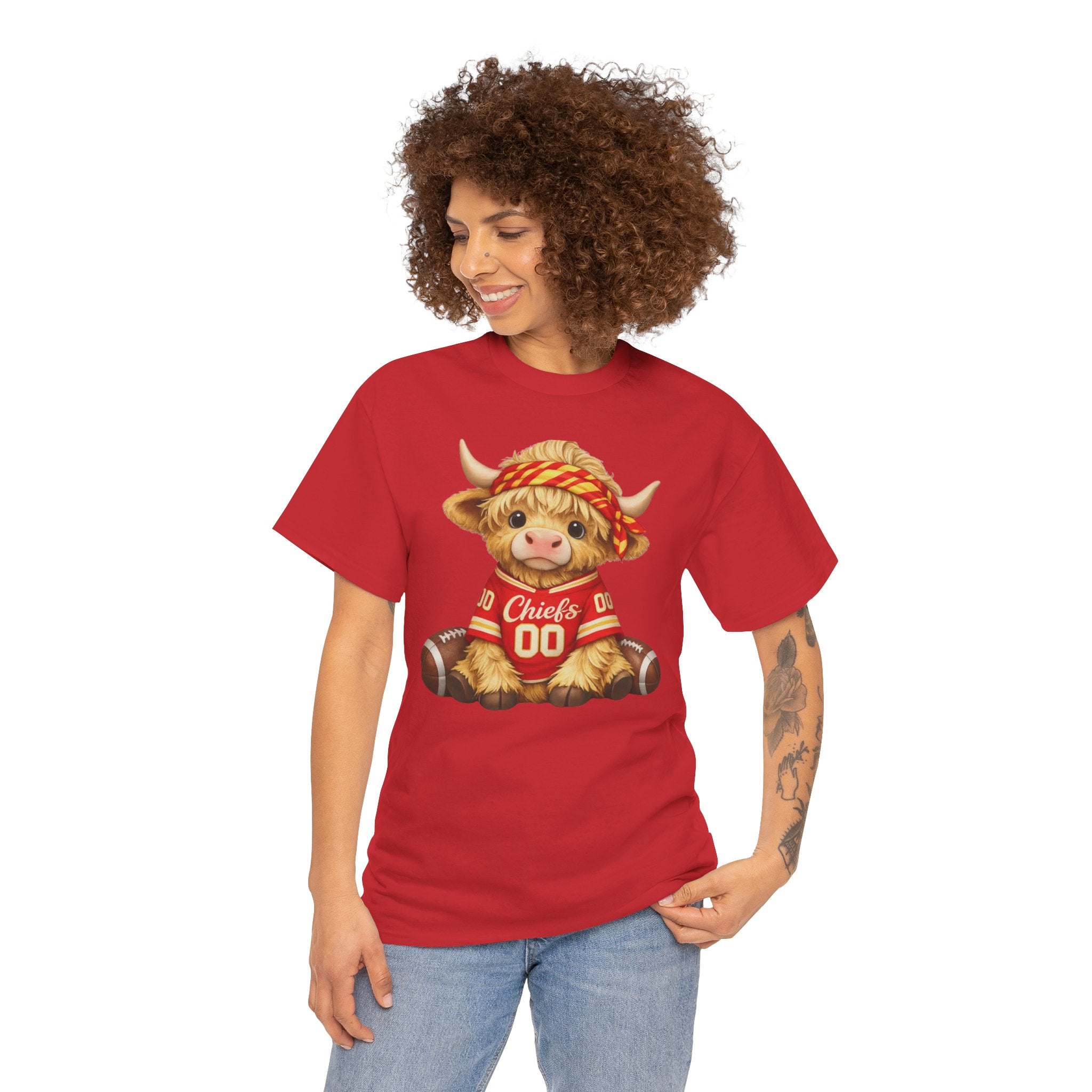 Cute Highland Cow Football Shirt – KC Game Day Cow Graphic Tee – Western Sports Fan T-Shirt
