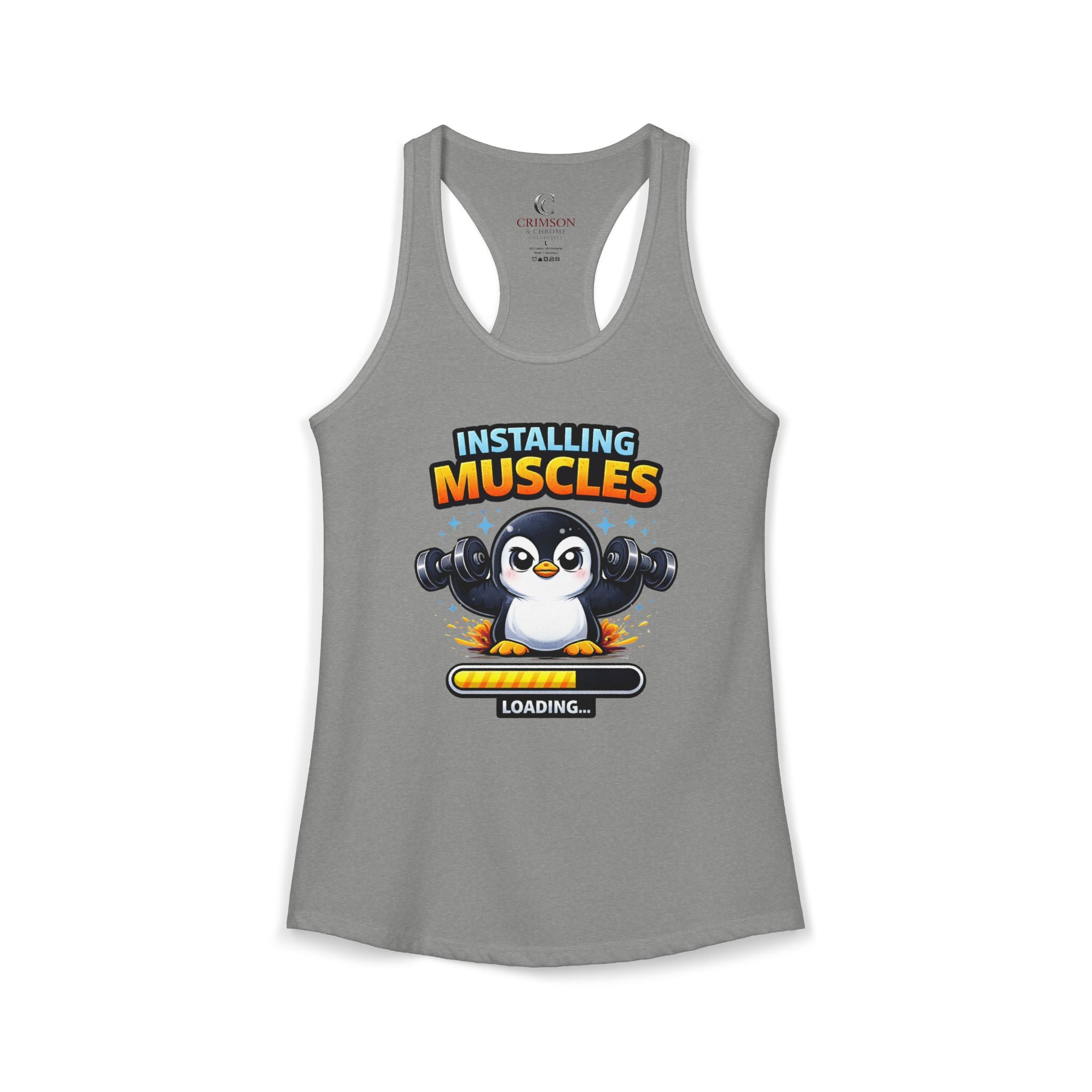 Installing Muscles Workout Penguin Tank – Funny Gym Razorback Shirt for Women