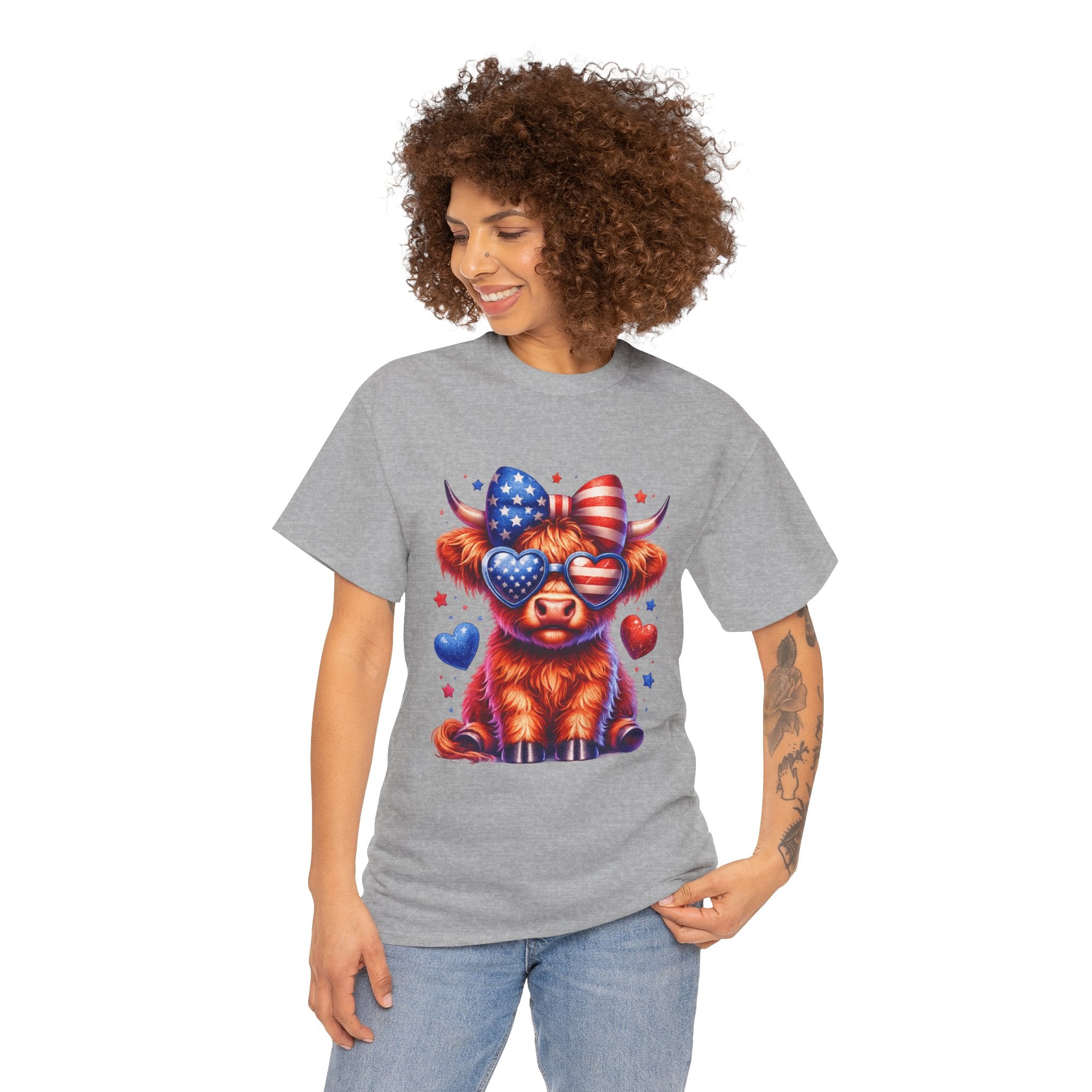 Patriotic Highland Cow Shirt | Cute American Flag Cow Graphic Tee | Fourth of July Highland Cow T-Shirt | USA Patriotic Cow Shirt | Red White Blue Country Western Tee