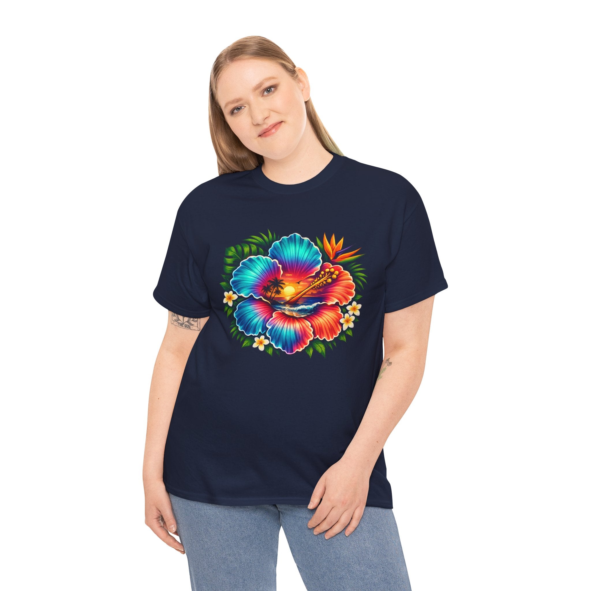 Neon Tropical Hibiscus Sunset T-Shirt – Vibrant Beach Flower Graphic Tee for Summer Vacation Lovers