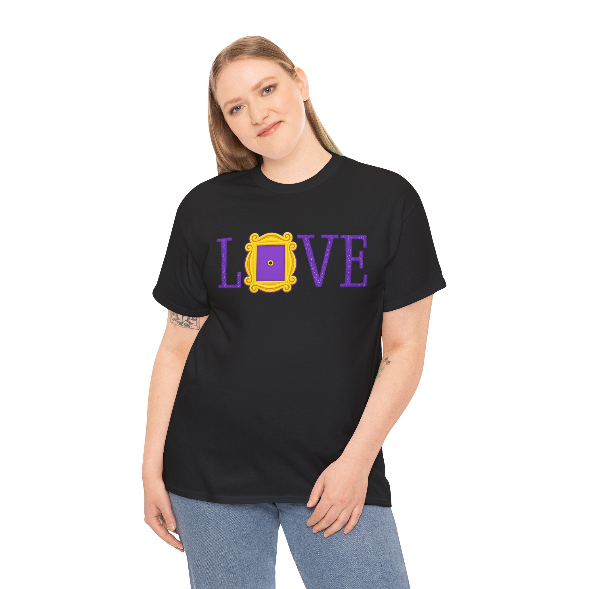 “Friends-Inspired ‘LOVE’ Frame Design Shirt – Purple & Yellow Nostalgic TV Aesthetic Tee, Cozy Pop Culture Graphic”