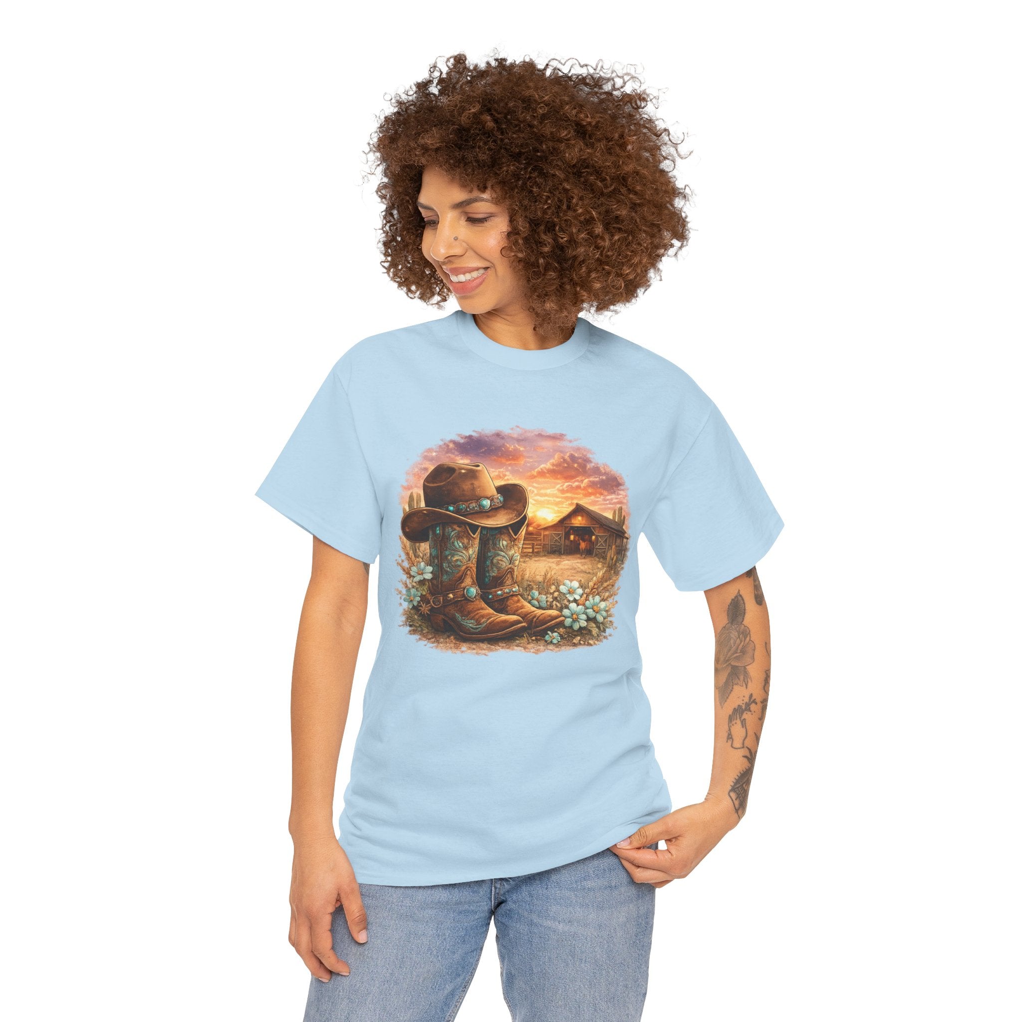 Cowboy Boots & Hat Sunset Tee — Rustic Western Country Graphic T-Shirt