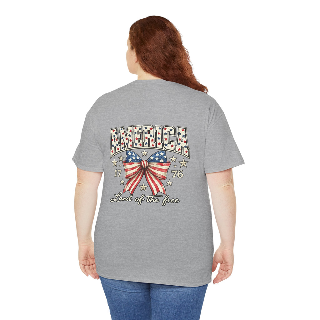 Patriotic America Bow Shirt | Land of the Free 1776 Front & Back Graphic Tee | Vintage USA Independence Day Shirt | Fourth of July Shirt