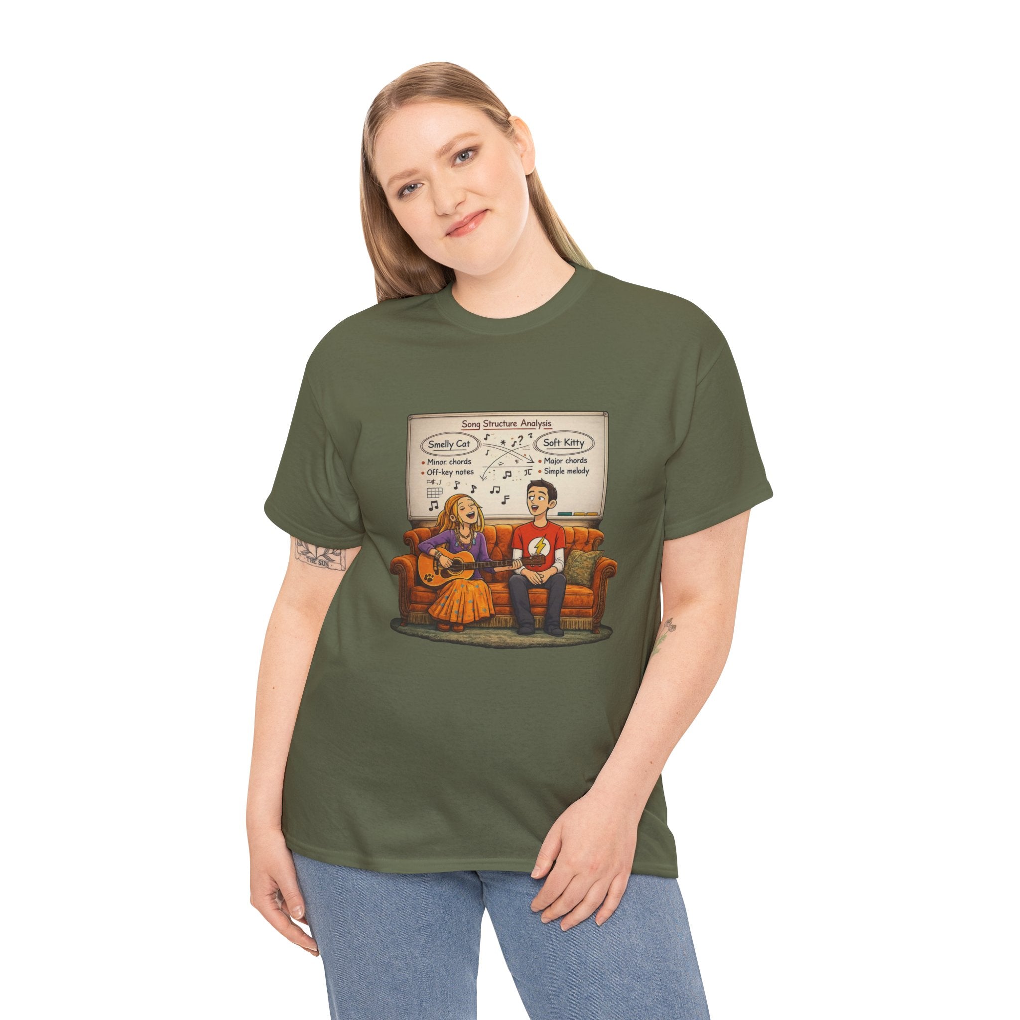 Friends Big Bang Theory Crossover Shirt | Smelly Cat Soft Kitty Mashup Tee | Geeky Sitcom Parody Shirt | Nerd Music Humor T-Shirt