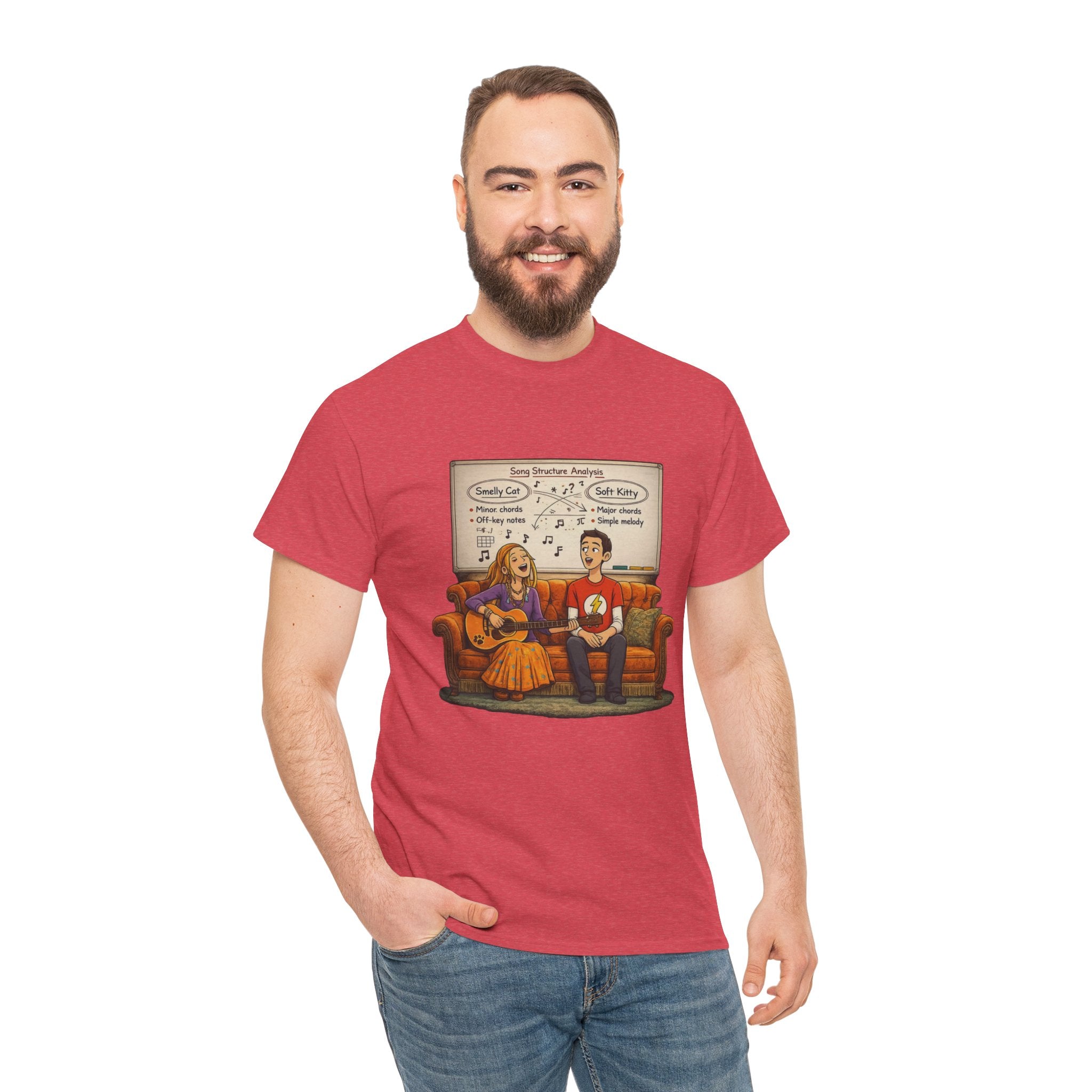 Friends Big Bang Theory Crossover Shirt | Smelly Cat Soft Kitty Mashup Tee | Geeky Sitcom Parody Shirt | Nerd Music Humor T-Shirt