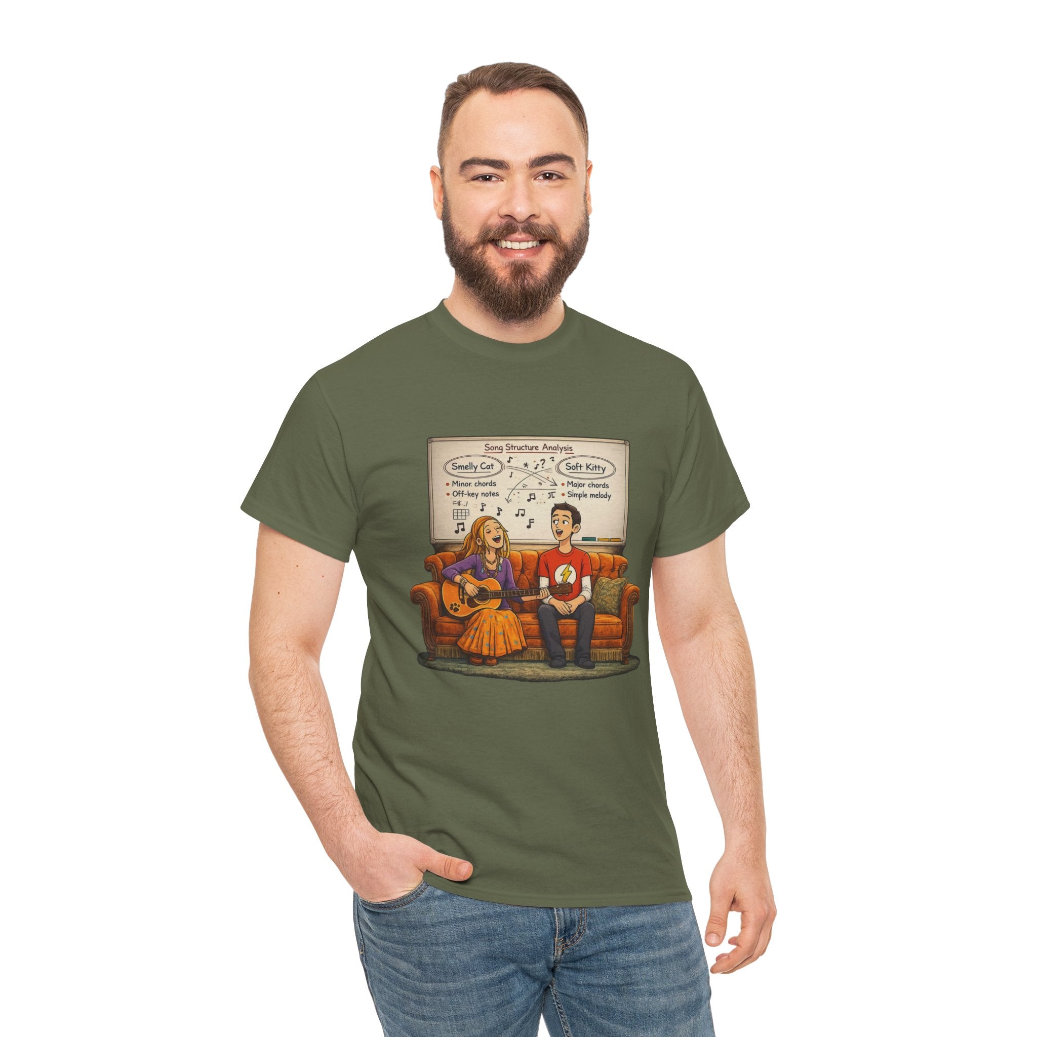 Friends Big Bang Theory Crossover Shirt | Smelly Cat Soft Kitty Mashup Tee | Geeky Sitcom Parody Shirt | Nerd Music Humor T-Shirt