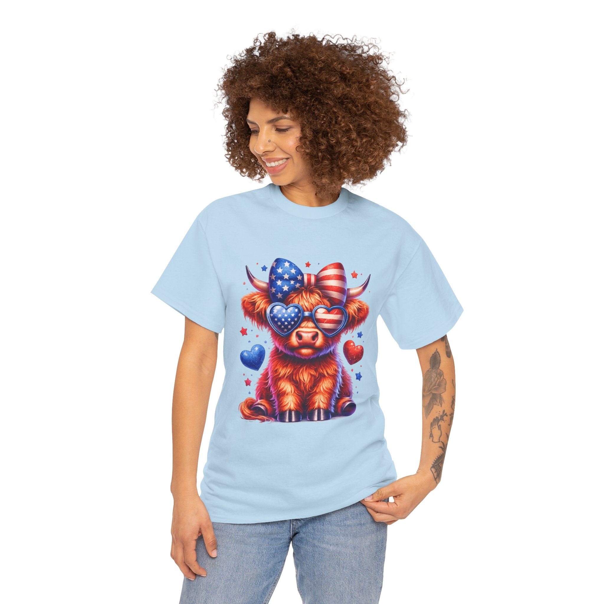 Patriotic Highland Cow Shirt | Cute American Flag Cow Graphic Tee | Fourth of July Highland Cow T-Shirt | USA Patriotic Cow Shirt | Red White Blue Country Western Tee