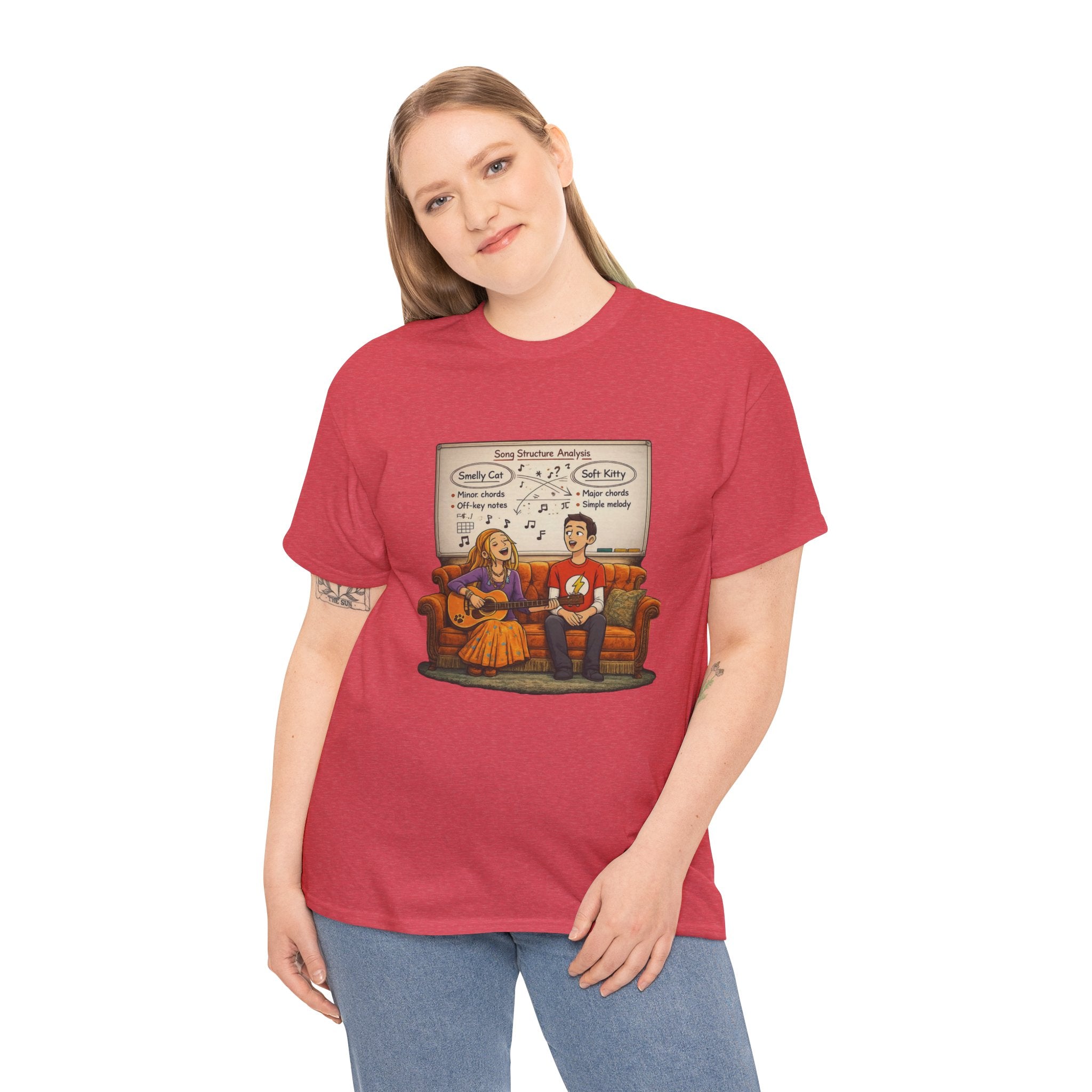 Friends Big Bang Theory Crossover Shirt | Smelly Cat Soft Kitty Mashup Tee | Geeky Sitcom Parody Shirt | Nerd Music Humor T-Shirt