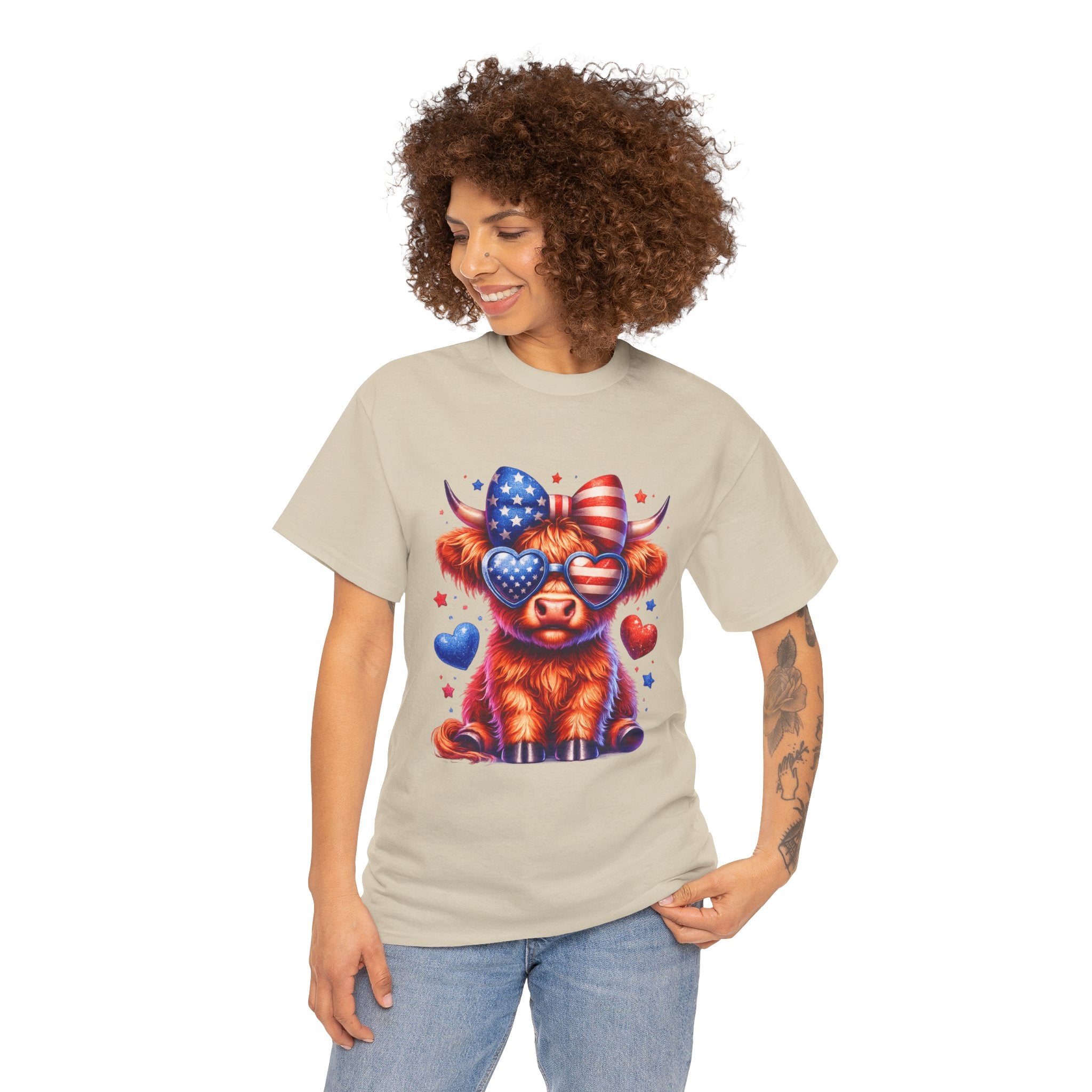 Patriotic Highland Cow Shirt | Cute American Flag Cow Graphic Tee | Fourth of July Highland Cow T-Shirt | USA Patriotic Cow Shirt | Red White Blue Country Western Tee
