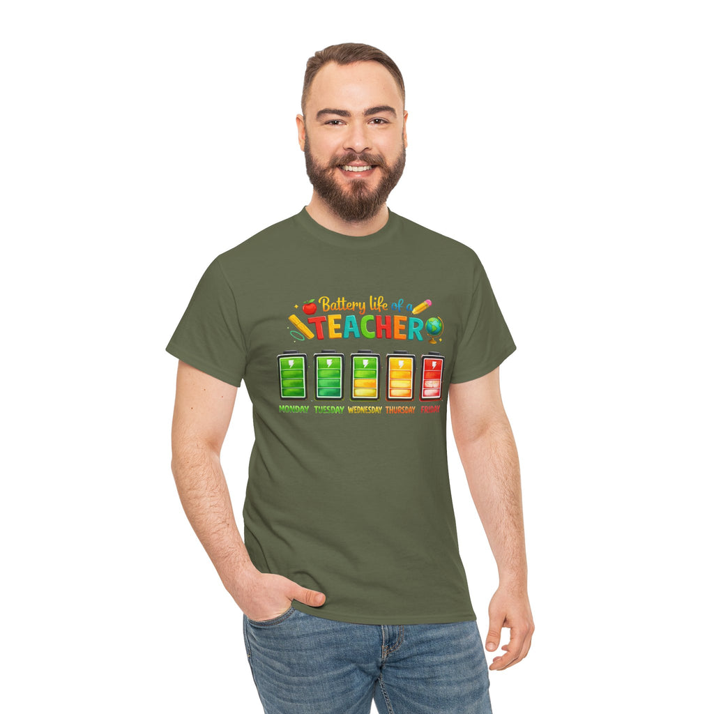 Teacher Battery Life T-Shirt – Funny Weekday Energy Levels Tee (Monday–Friday) Teacher appreciation gift - Unisex shirt