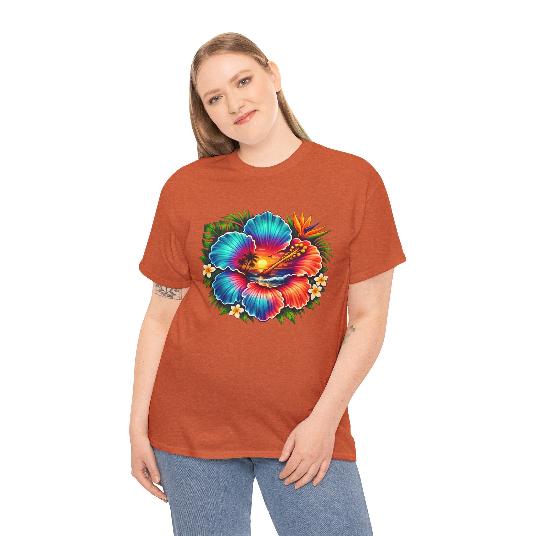 Neon Tropical Hibiscus Sunset T-Shirt – Vibrant Beach Flower Graphic Tee for Summer Vacation Lovers