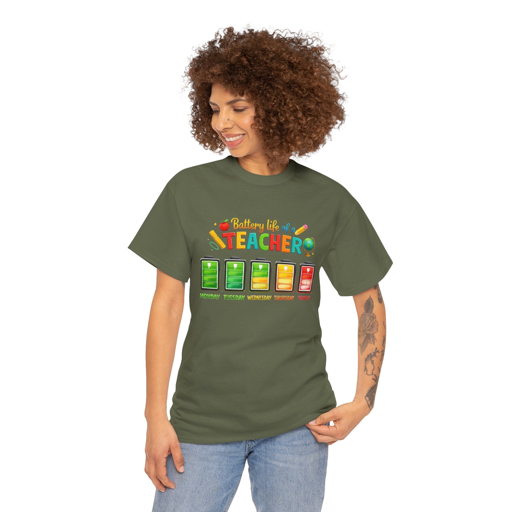 Teacher Battery Life T-Shirt – Funny Weekday Energy Levels Tee (Monday–Friday) Teacher appreciation gift - Unisex shirt
