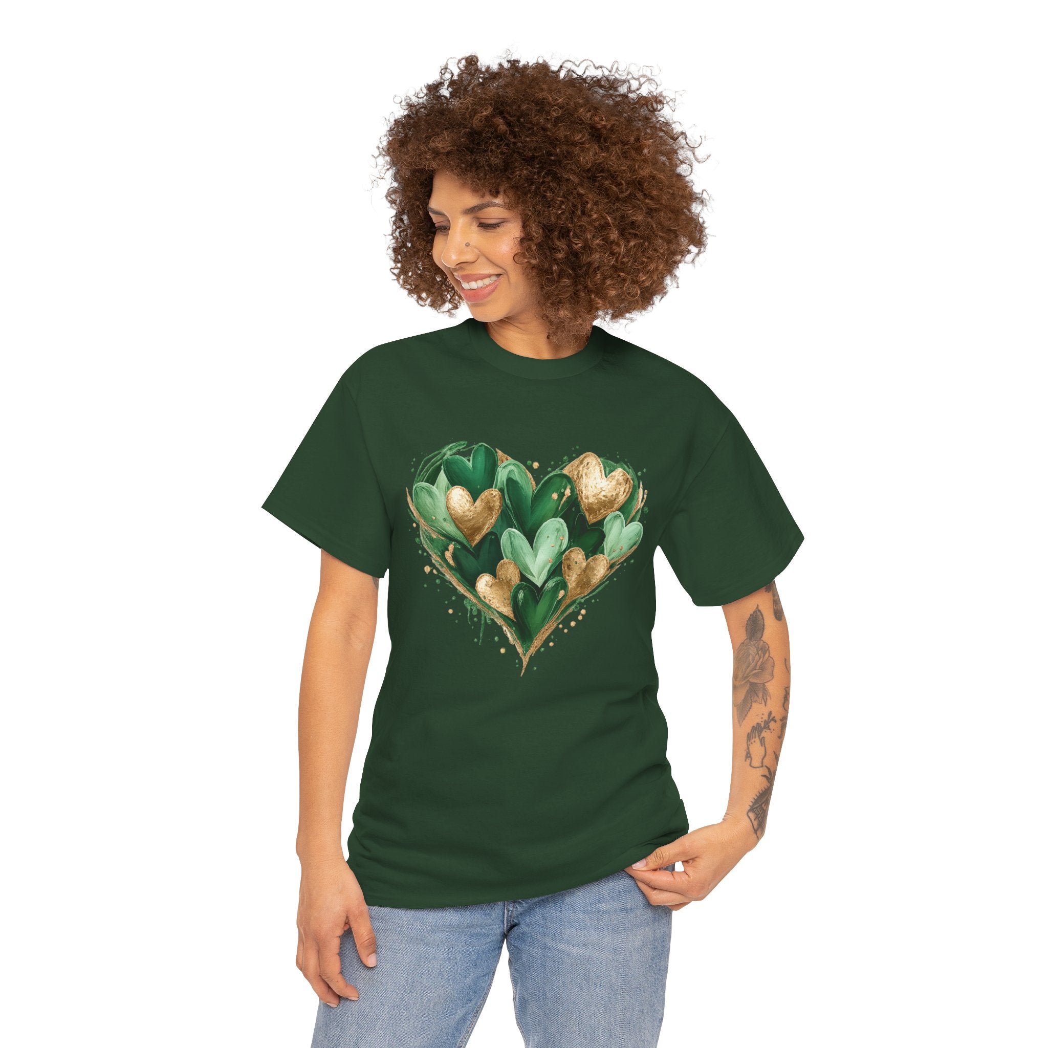 Green & Gold Lucky Heart Graphic Tee – St. Patrick’s Day Aesthetic Shirt, Shamrock-Inspired Irish Love Design