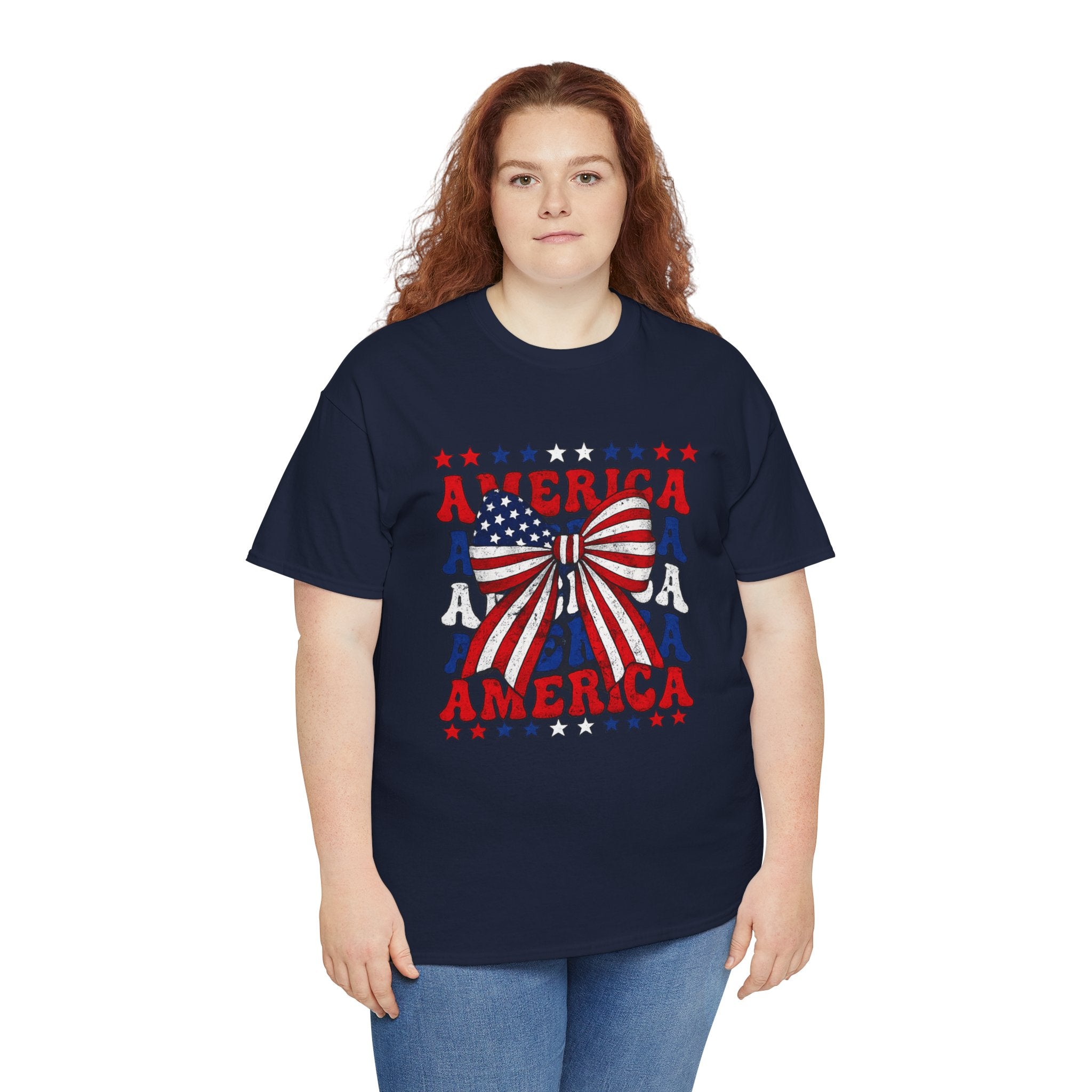 Patriotic America Bow Shirt PNG | Vintage USA Coquette Bow Design | Fourth of July Graphic Tee | Retro Red White Blue Sublimation Design