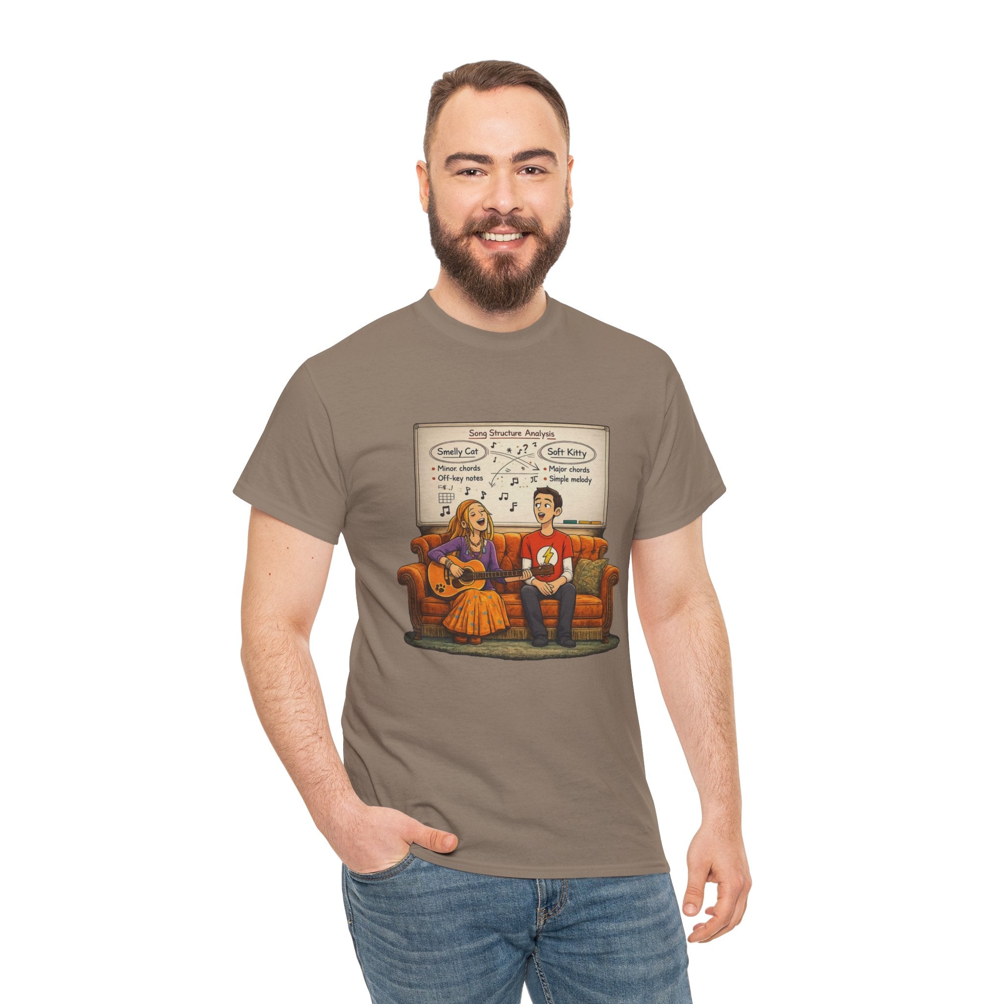 Friends Big Bang Theory Crossover Shirt | Smelly Cat Soft Kitty Mashup Tee | Geeky Sitcom Parody Shirt | Nerd Music Humor T-Shirt