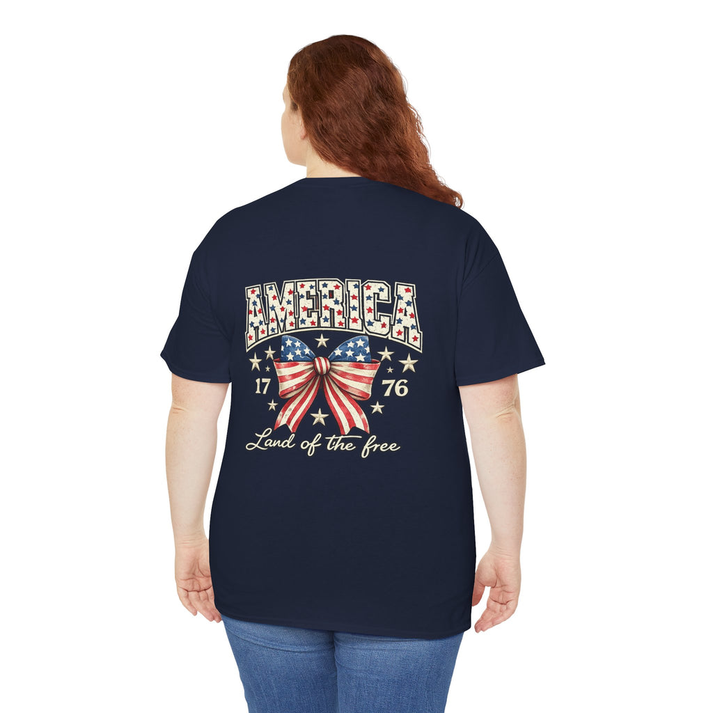 Patriotic America Bow Shirt | Land of the Free 1776 Front & Back Graphic Tee | Vintage USA Independence Day Shirt | Fourth of July Shirt