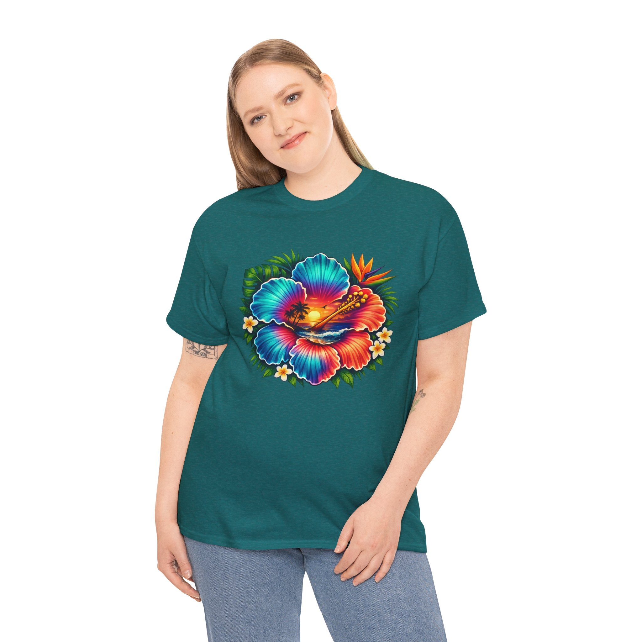 Neon Tropical Hibiscus Sunset T-Shirt – Vibrant Beach Flower Graphic Tee for Summer Vacation Lovers