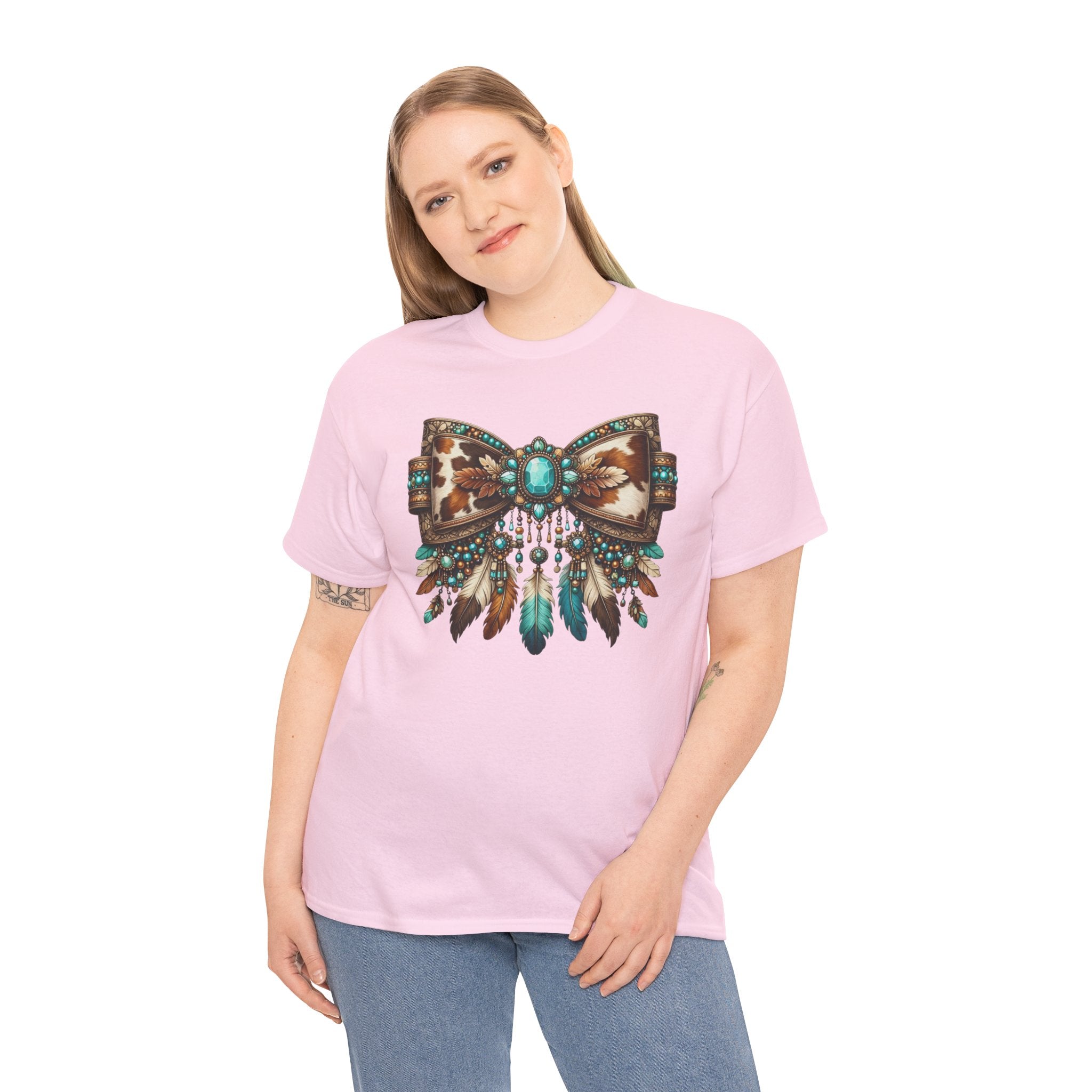 Western Cowhide Bow Shirt – Turquoise Feather Boho Western Graphic Tee – Boutique Western Style T-Shirt – Unisex Fit