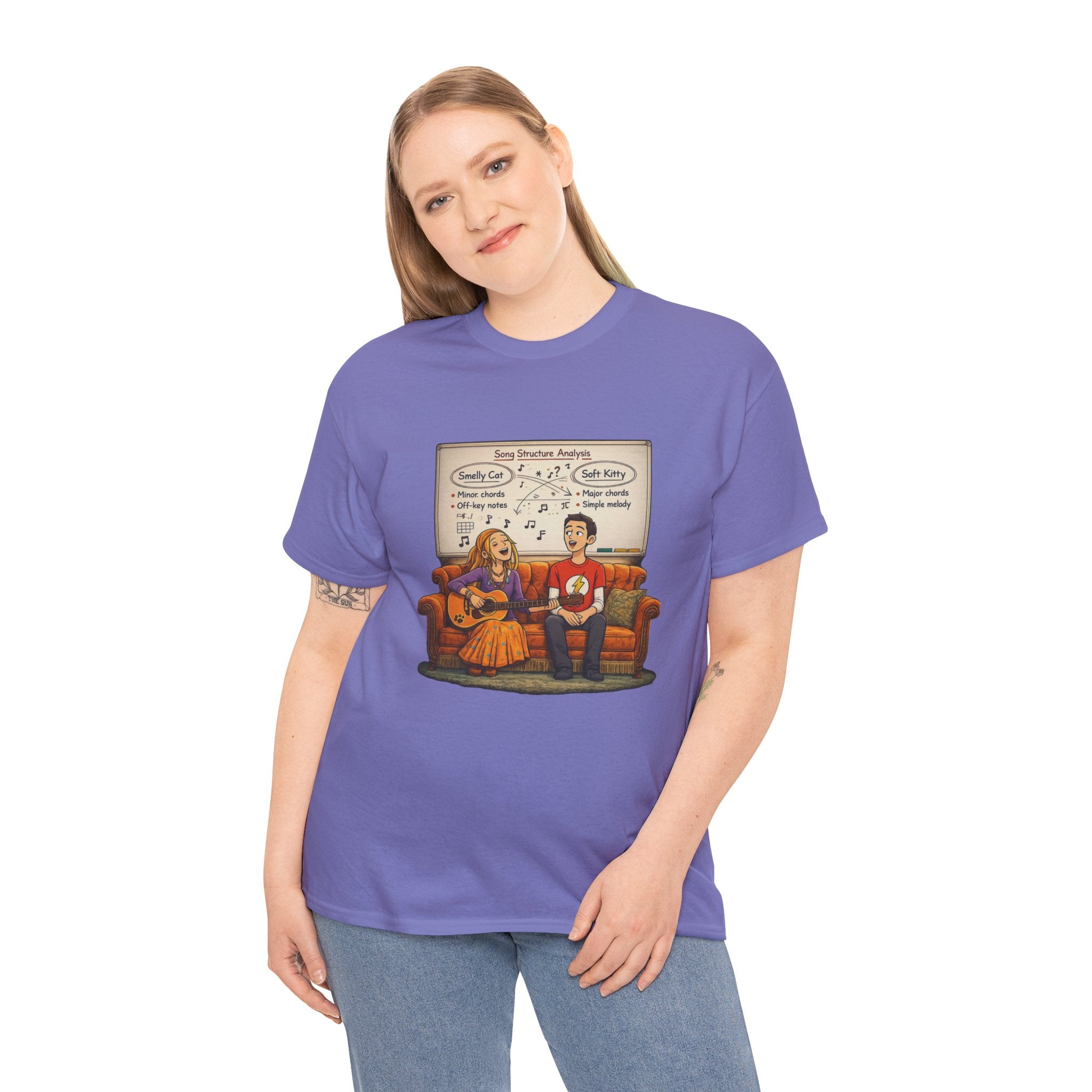 Friends Big Bang Theory Crossover Shirt | Smelly Cat Soft Kitty Mashup Tee | Geeky Sitcom Parody Shirt | Nerd Music Humor T-Shirt