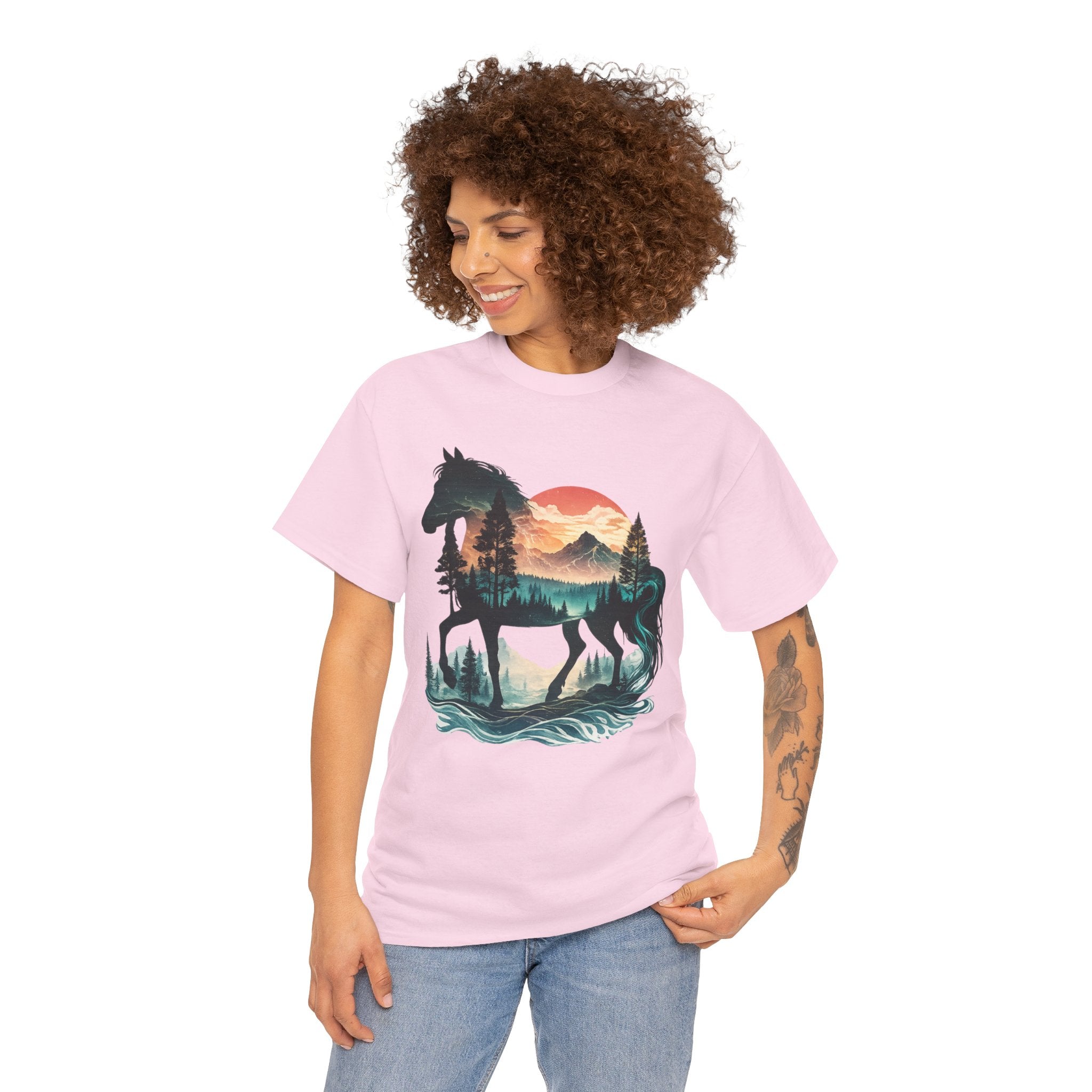 Western Horse Silhouette T-Shirt – Nature Landscape Double Exposure Cowgirl & Cowboy Graphic Tee
