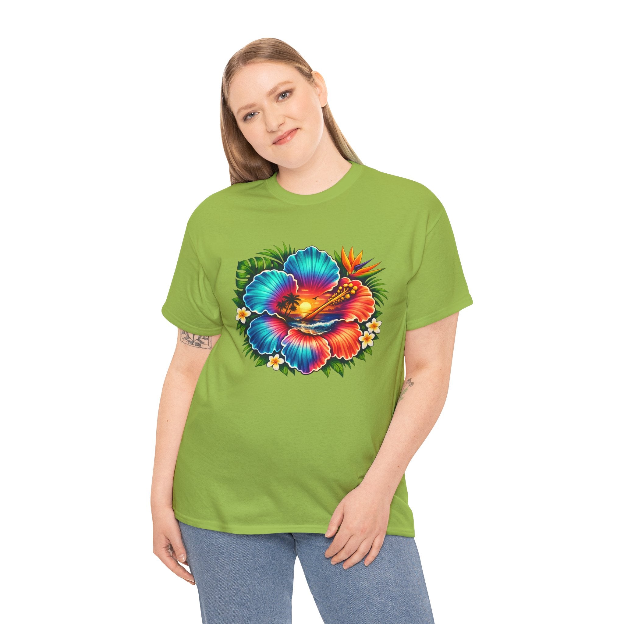 Neon Tropical Hibiscus Sunset T-Shirt – Vibrant Beach Flower Graphic Tee for Summer Vacation Lovers