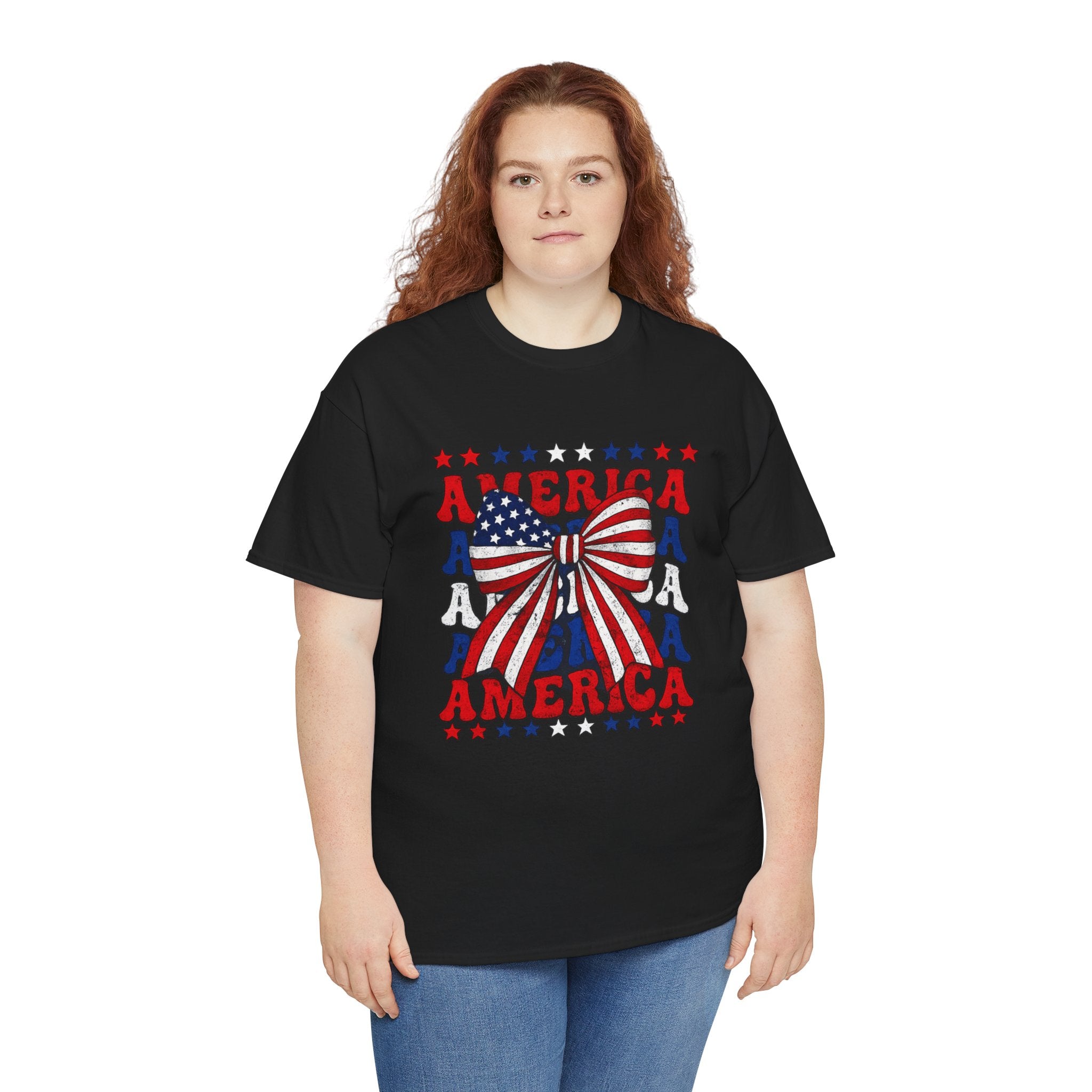 Patriotic America Bow Shirt PNG | Vintage USA Coquette Bow Design | Fourth of July Graphic Tee | Retro Red White Blue Sublimation Design