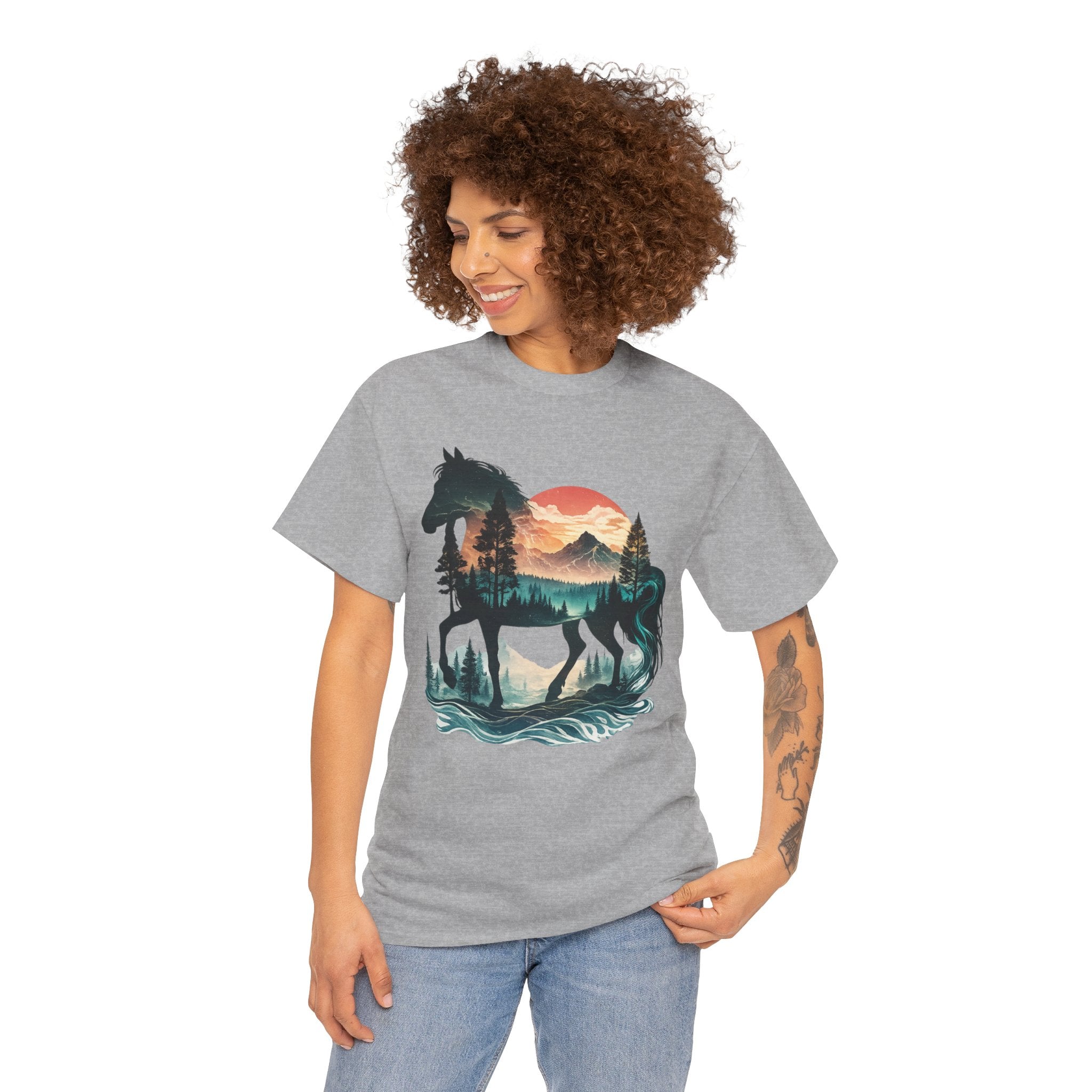 Western Horse Silhouette T-Shirt – Nature Landscape Double Exposure Cowgirl & Cowboy Graphic Tee