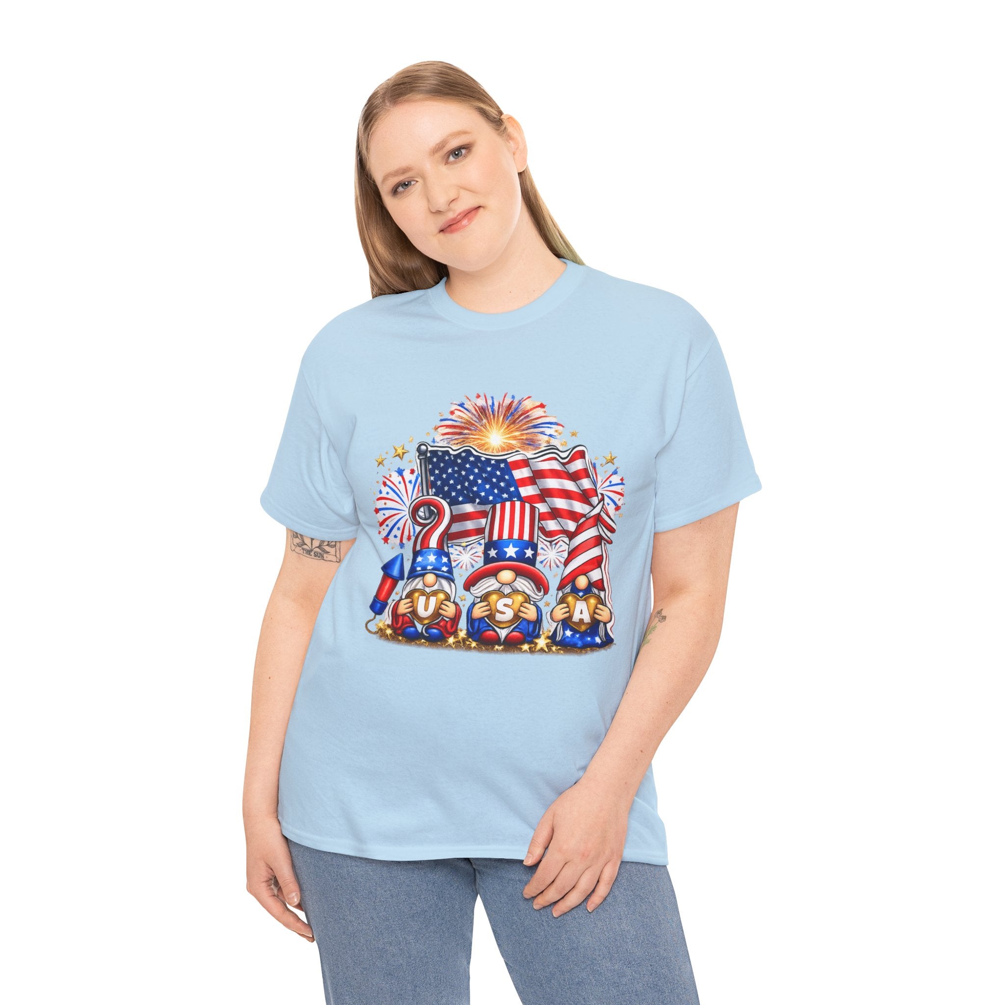 Patriotic USA Gnome Shirt PNG | Fourth of July Gnome Design | Red White Blue American Flag Fireworks Graphic | Independence Day Sublimation PNG | USA Heart Gnome POD Design