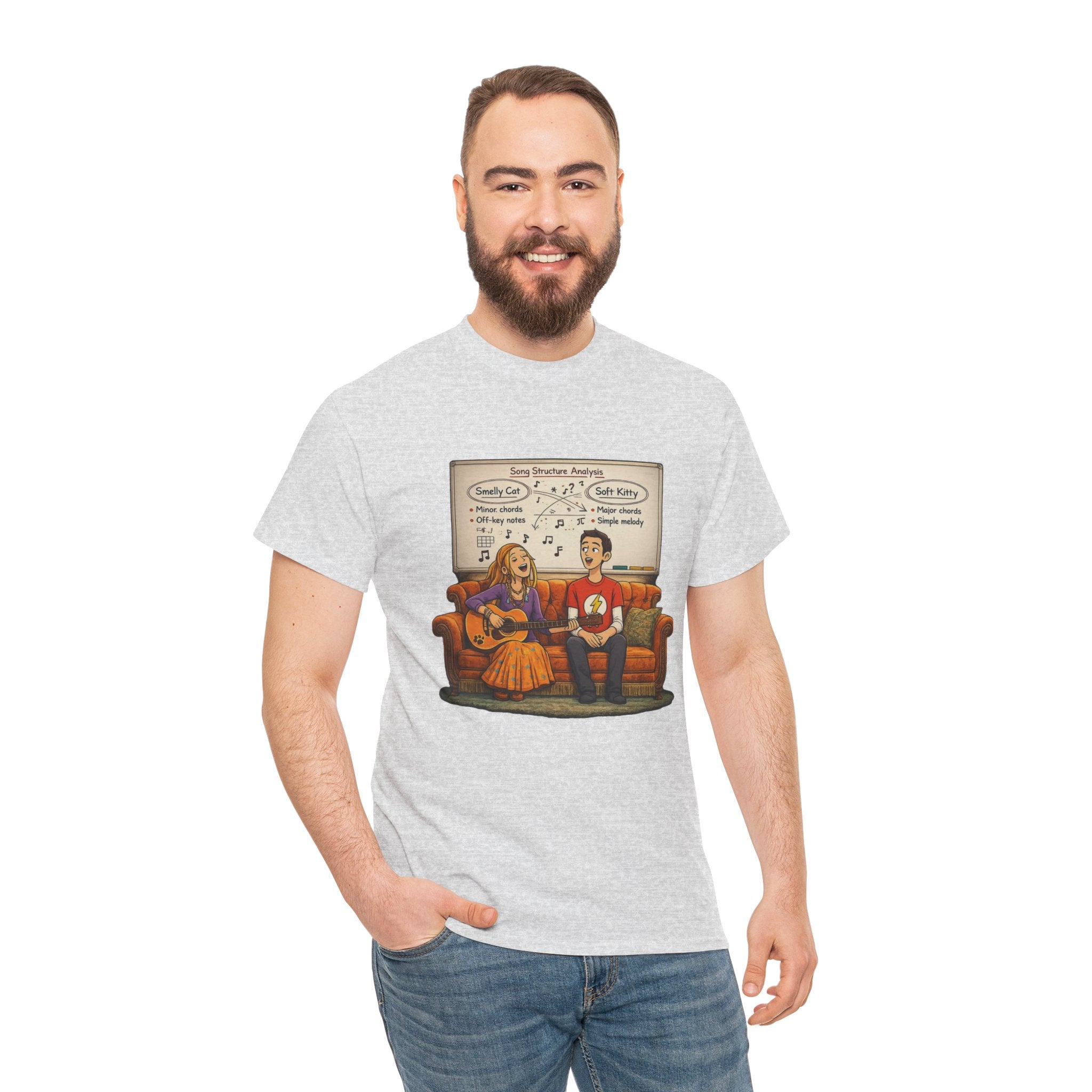 Friends Big Bang Theory Crossover Shirt | Smelly Cat Soft Kitty Mashup Tee | Geeky Sitcom Parody Shirt | Nerd Music Humor T-Shirt
