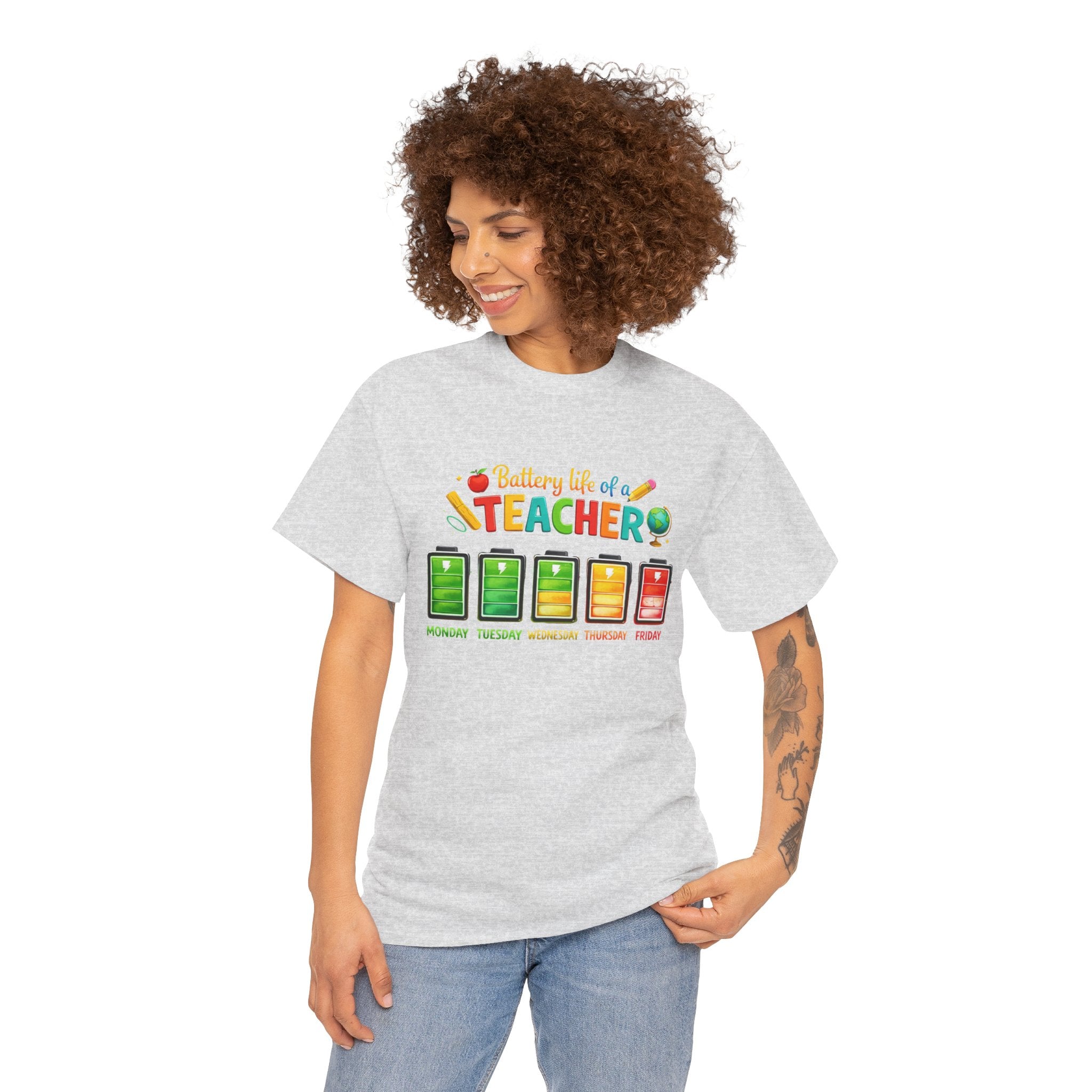 Teacher Battery Life T-Shirt – Funny Weekday Energy Levels Tee (Monday–Friday) Teacher appreciation gift - Unisex shirt