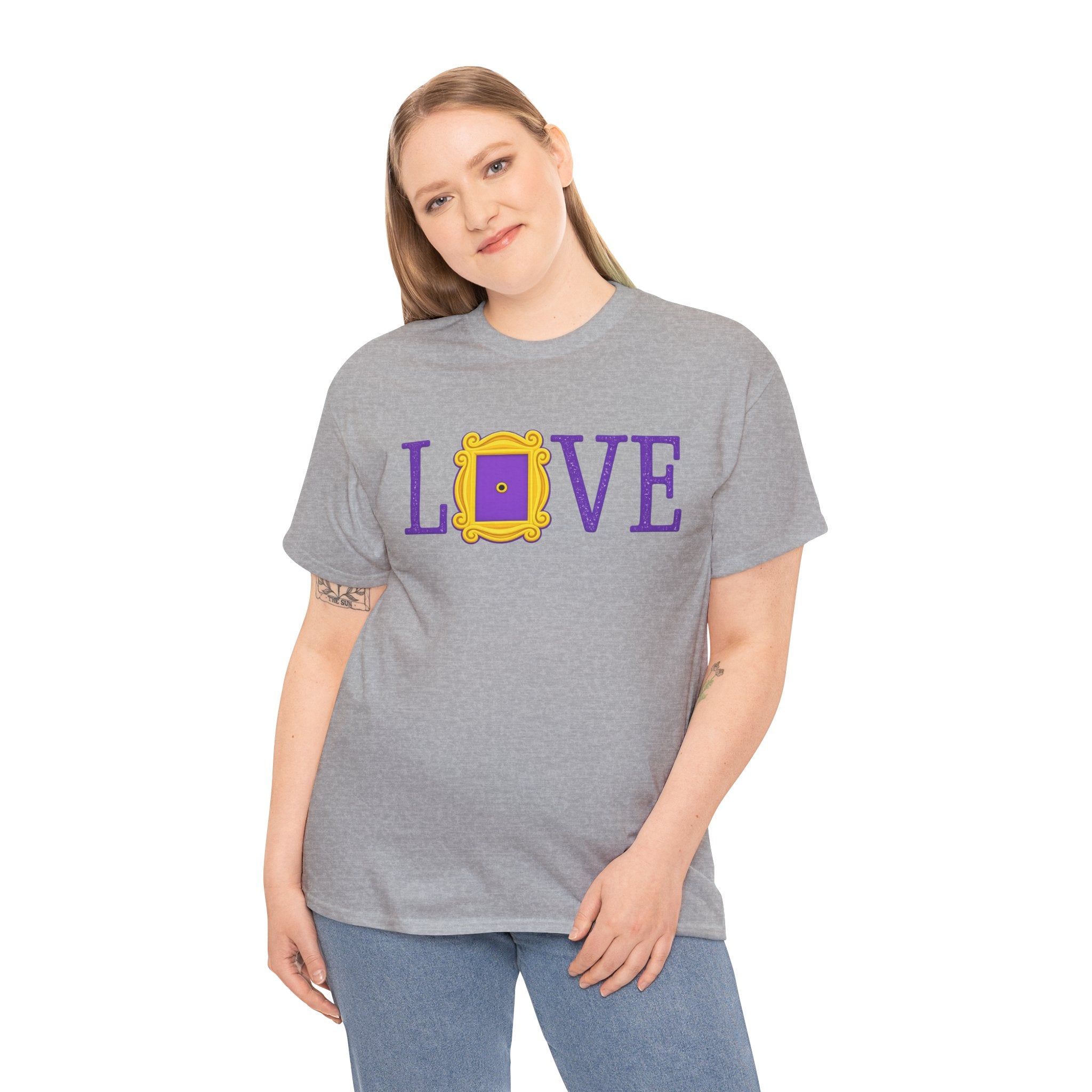 “Friends-Inspired ‘LOVE’ Frame Design Shirt – Purple & Yellow Nostalgic TV Aesthetic Tee, Cozy Pop Culture Graphic”