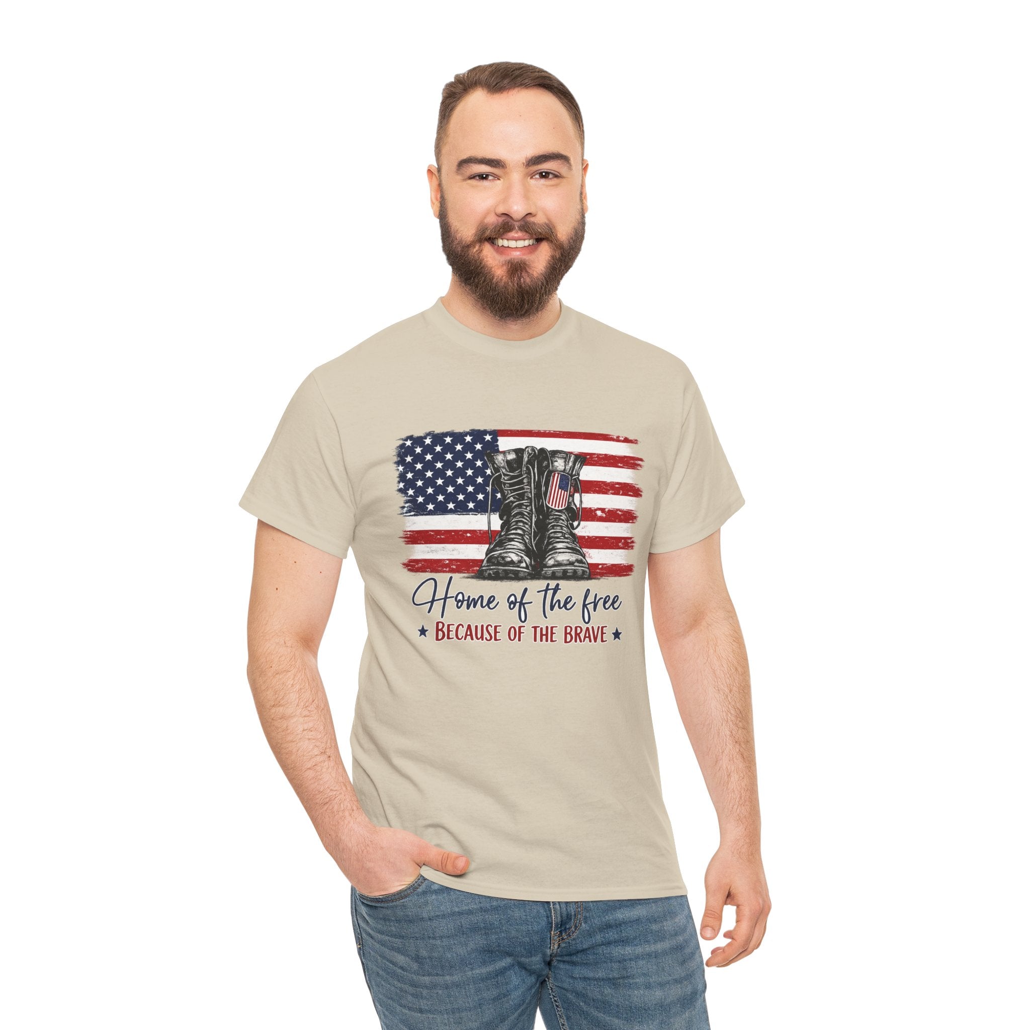 Home of the Free Because of the Brave PNG | Patriotic Combat Boots Shirt Design | Vintage American Flag Sublimation PNG | Military Tribute Tee