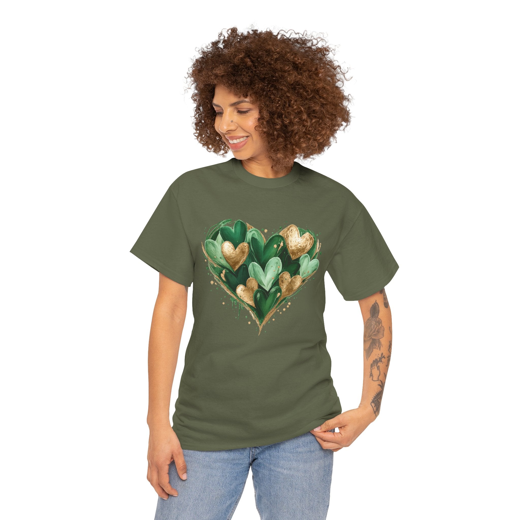 Green & Gold Lucky Heart Graphic Tee – St. Patrick’s Day Aesthetic Shirt, Shamrock-Inspired Irish Love Design