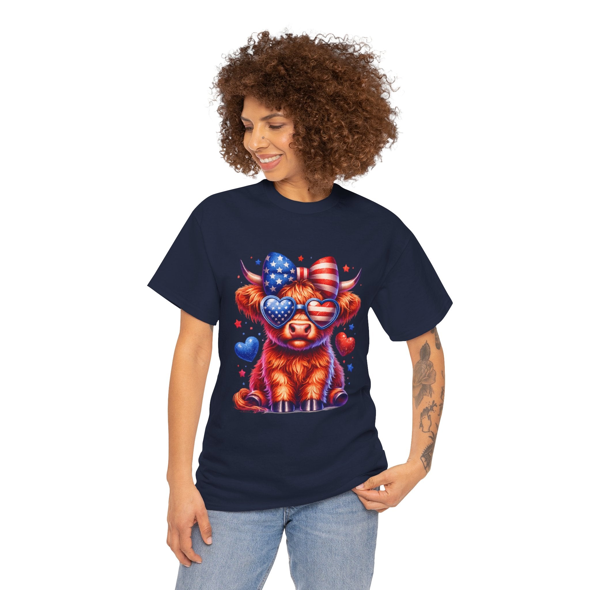 Patriotic Highland Cow Shirt | Cute American Flag Cow Graphic Tee | Fourth of July Highland Cow T-Shirt | USA Patriotic Cow Shirt | Red White Blue Country Western Tee