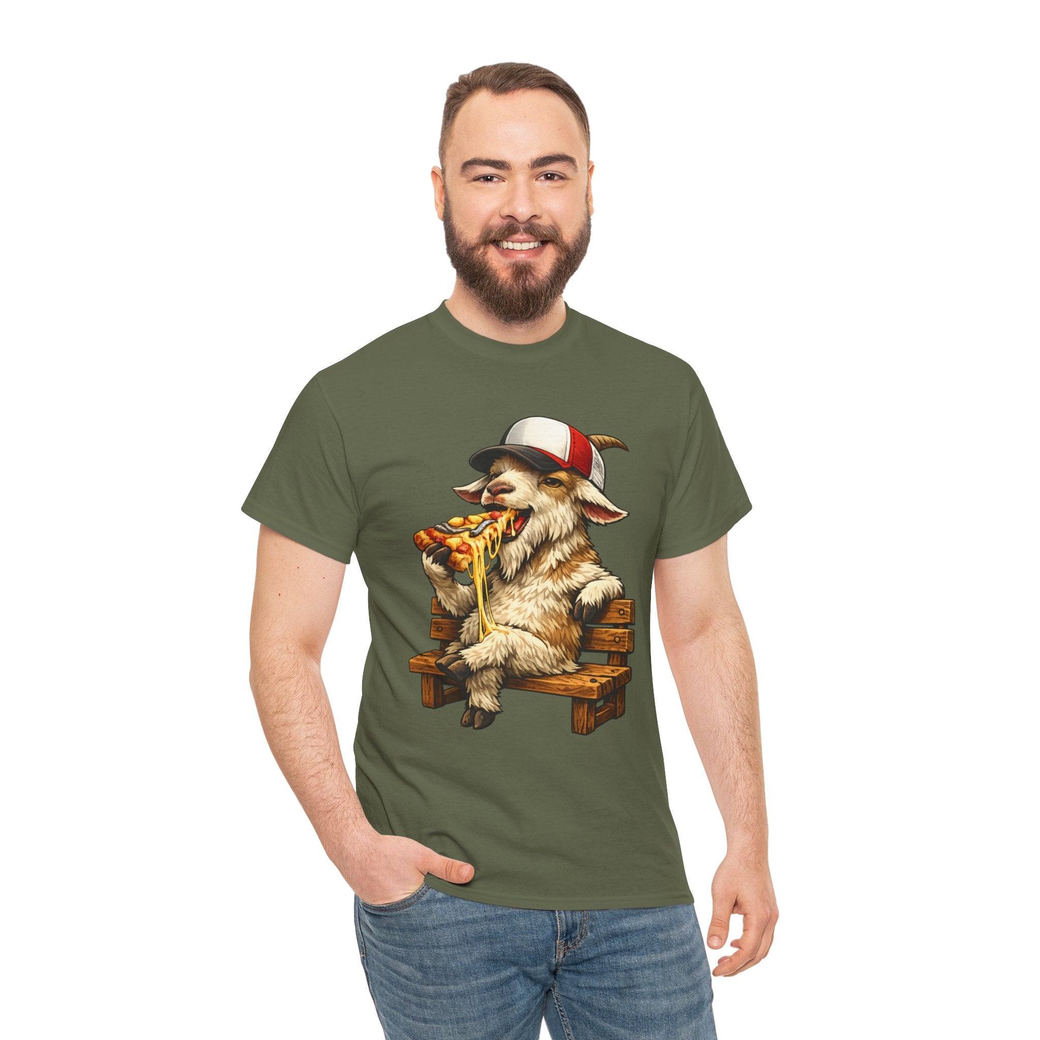 Goat Eating Pizza Shirt – Funny Pizza Lover Graphic Tee with Trucker Hat, Anchovies & Pineapple