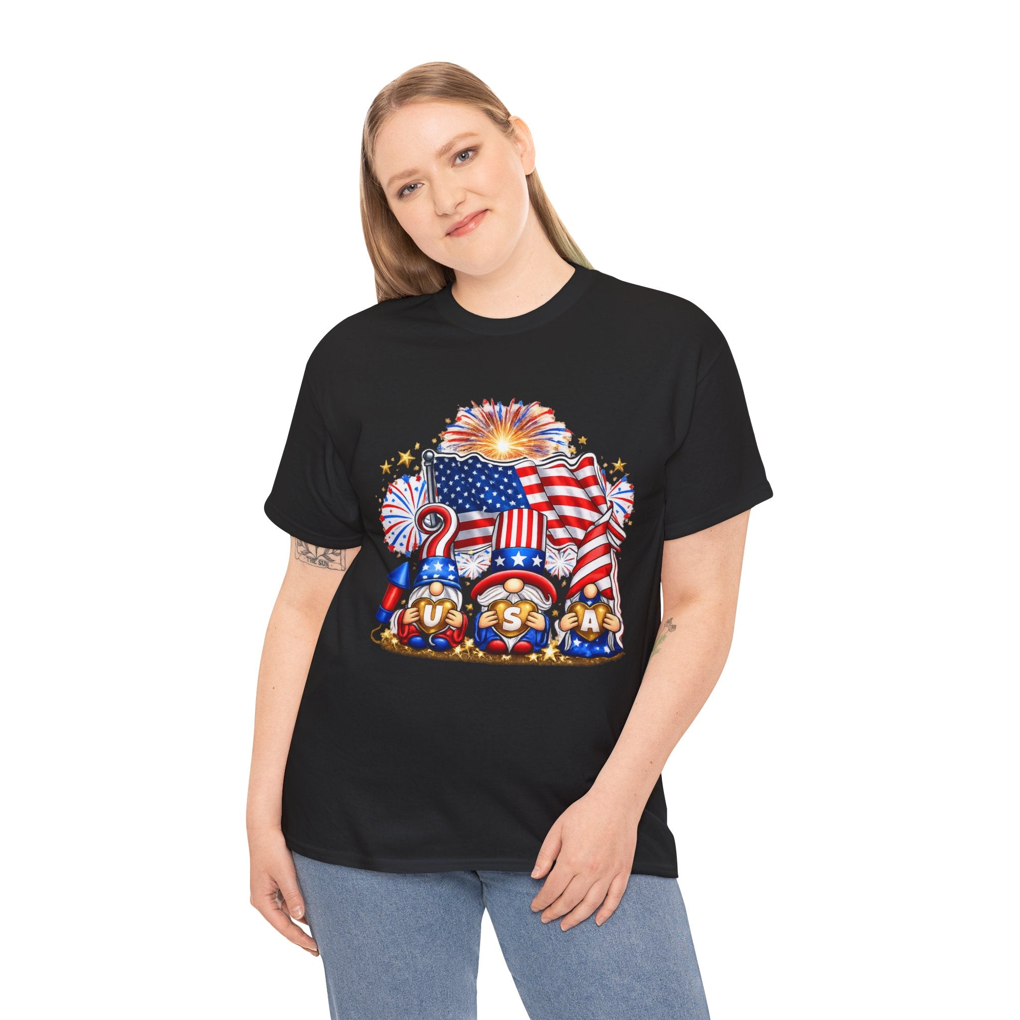 Patriotic USA Gnome Shirt PNG | Fourth of July Gnome Design | Red White Blue American Flag Fireworks Graphic | Independence Day Sublimation PNG | USA Heart Gnome POD Design
